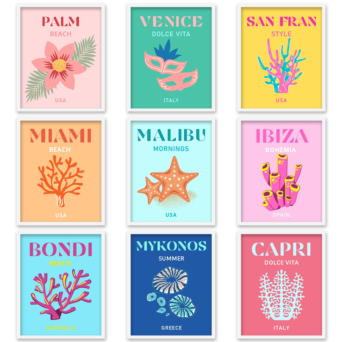 Whaline 9Pcs Preppy Travel Wall Art Prints Colorful Abstract Aesthetic ...