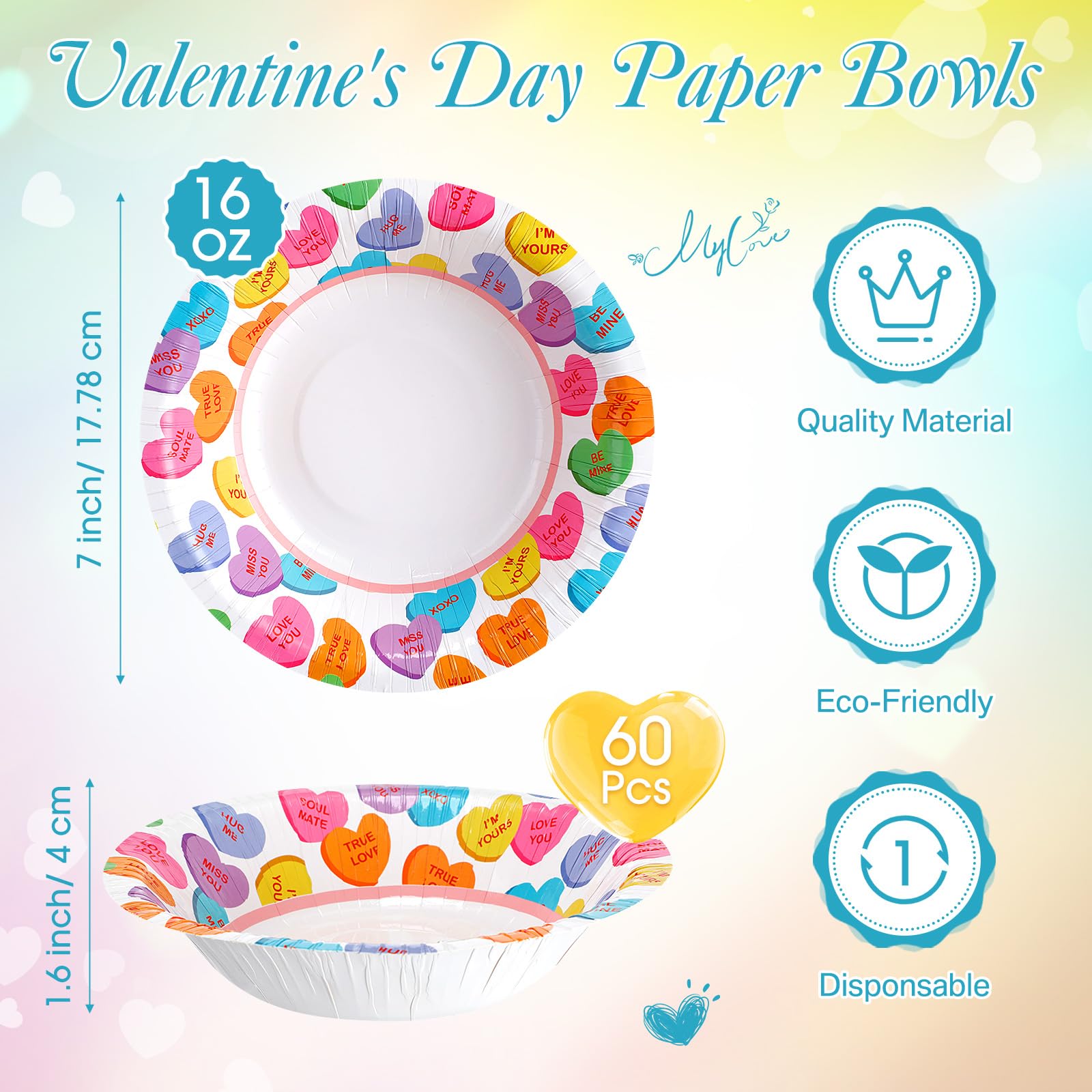 Nuogo 60 Pcs 16 Oz Valentine'S Day Disposable Paper Bowls Heavy Duty Bowls Heart Paper Soup Bowls For Both Cold And Hot Food Sal