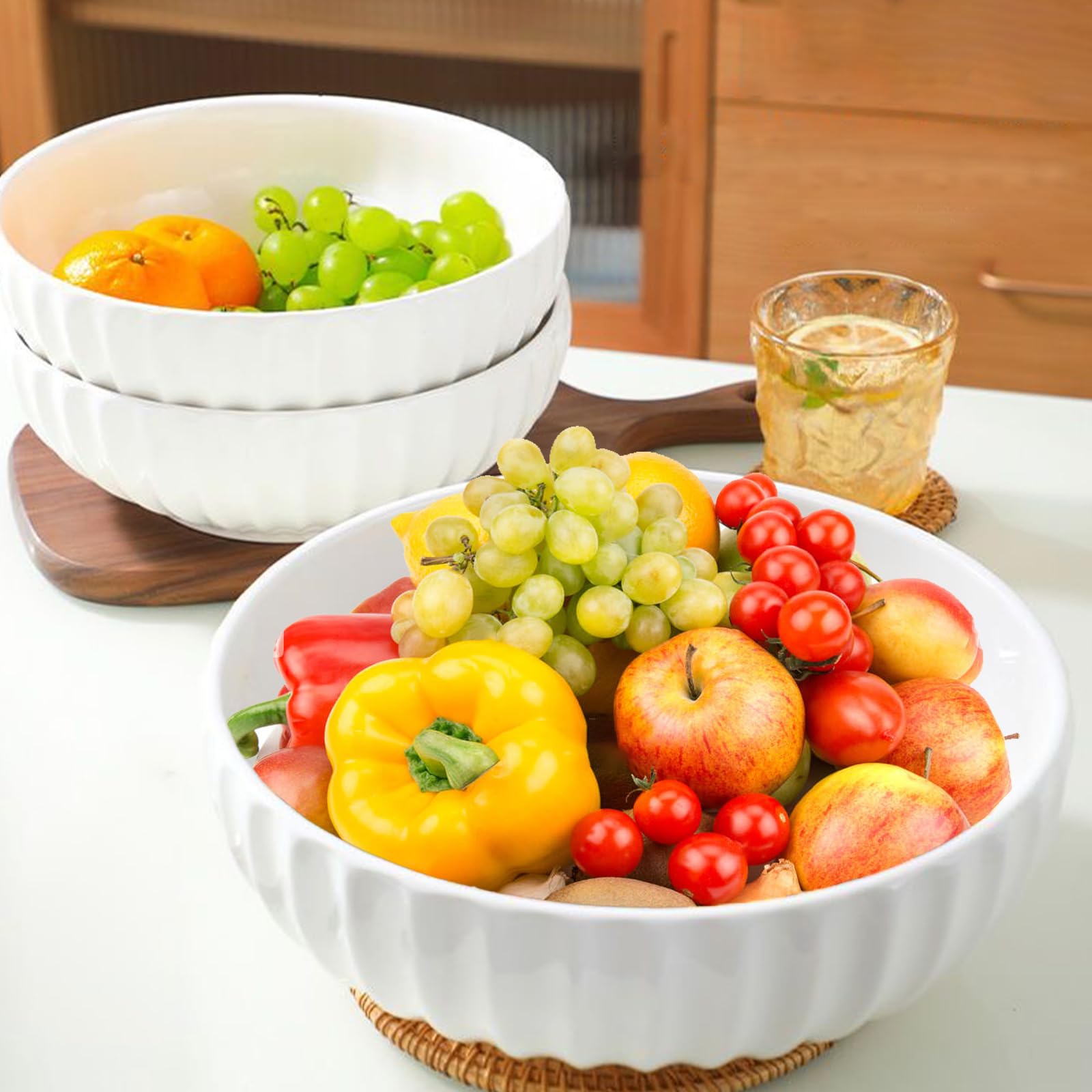 4 Quarts 2 Pcs Extra Large White Serving Bowls With Free Spoons, 12 Inch Oversized Big Salad Bowls For Entertaining, Eating, Cer