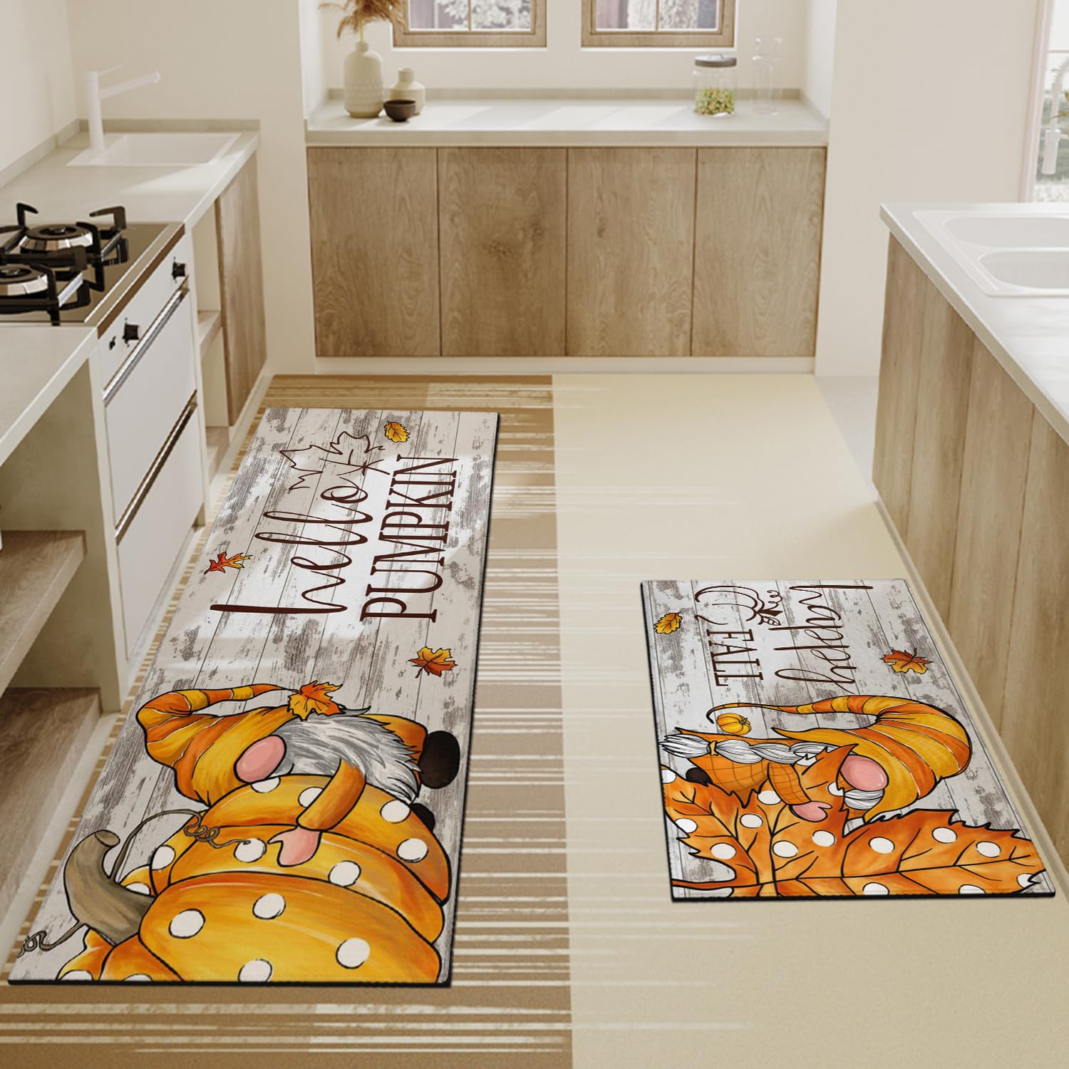 Faptoena Fall Kitchen Rugs Set of 2,Pumpkin Gnomes Leaf Thanksgiving Floor Mats and Rugs Non Skid Washable for Kitchen Home Deco