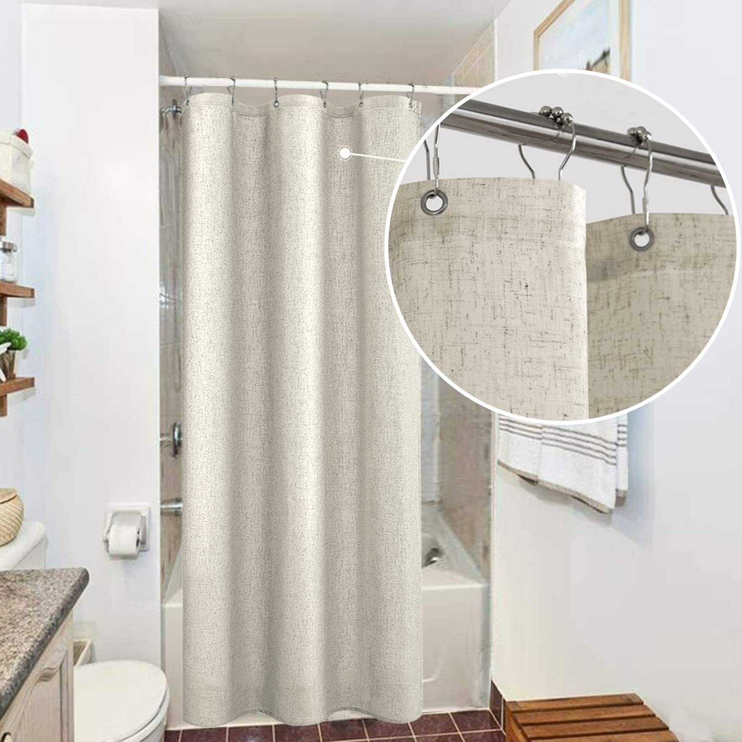 Koufall Neutral Color Flax Linen Fabric Shower Curtain Liner Set With Hooks Waterproof Vintage Country Style Rustic Shower Curta