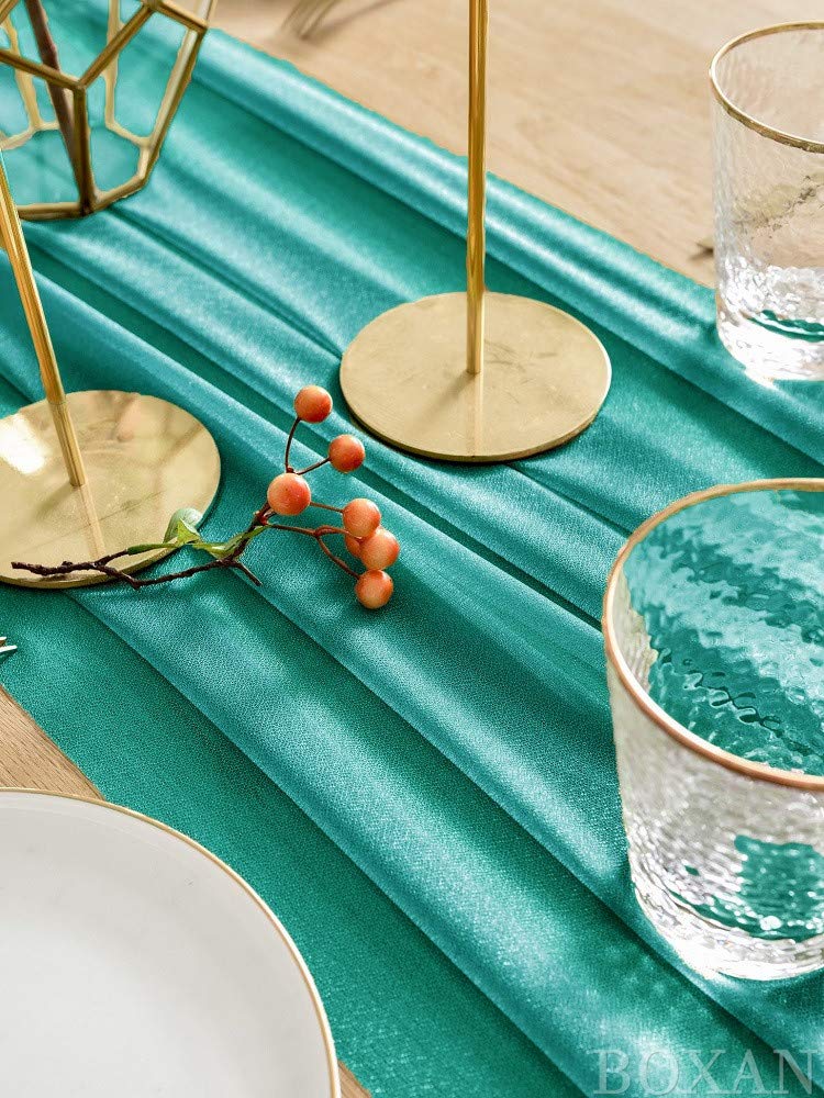 Boxan Gorgeous 10Ft Teal Sheer Table Runner 30X120 Inch For Rustic Wedding Decor, Bridal Shower, Baby Shower, Boho Summer Outdoo