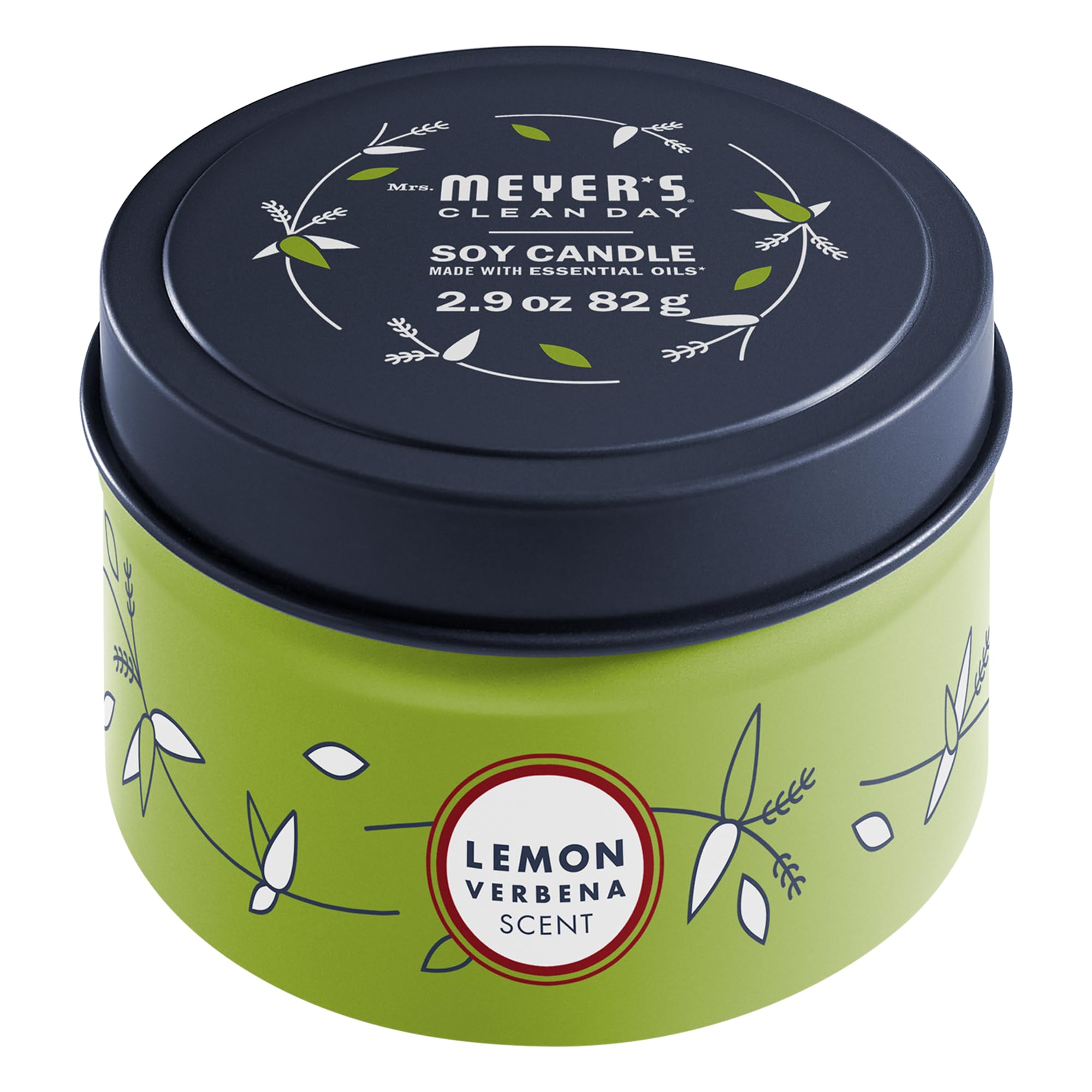 MRS. MEYERS CLEAN DAY Soy Tin Candle, 12 Hour Burn Time, Made with Soy Wax and Essential Oils, Lemon Verbena, 2.9 Oz