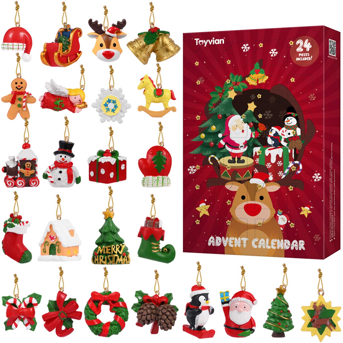 Toyvian 24 Pcs Assorted Christmas Tree Ornaments Countdown Advent Calendar DIY Miniature Ornaments for Xmas Holiday Decorations