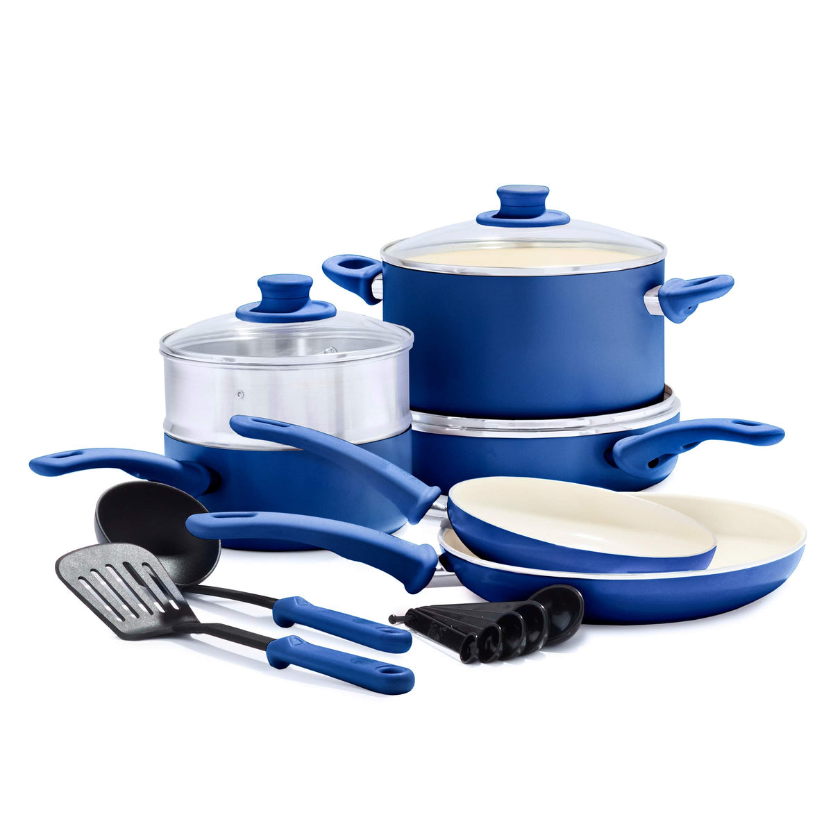 GreenLife Soft Grip Healthy Ceramic Nonstick 12 Piece Cookware Pots and Pans Set, PFAS-Free, Dishwasher Safe, Blue