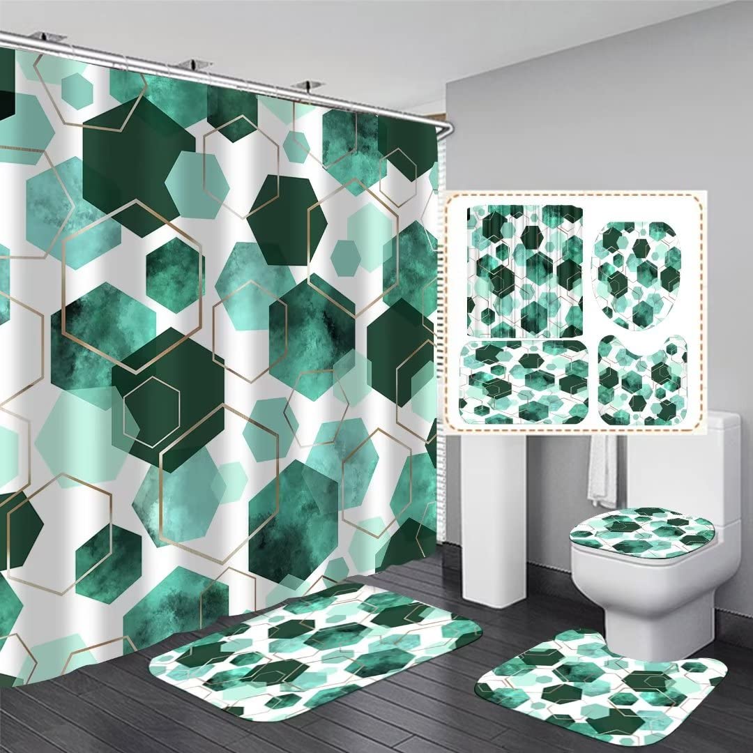 Lqcool 4Pcs Indigo Shower Curtain Set Marble Grain Geometric Bathroom Set Fresh Turquoise Abstract Bathroom Curtain Set With 12