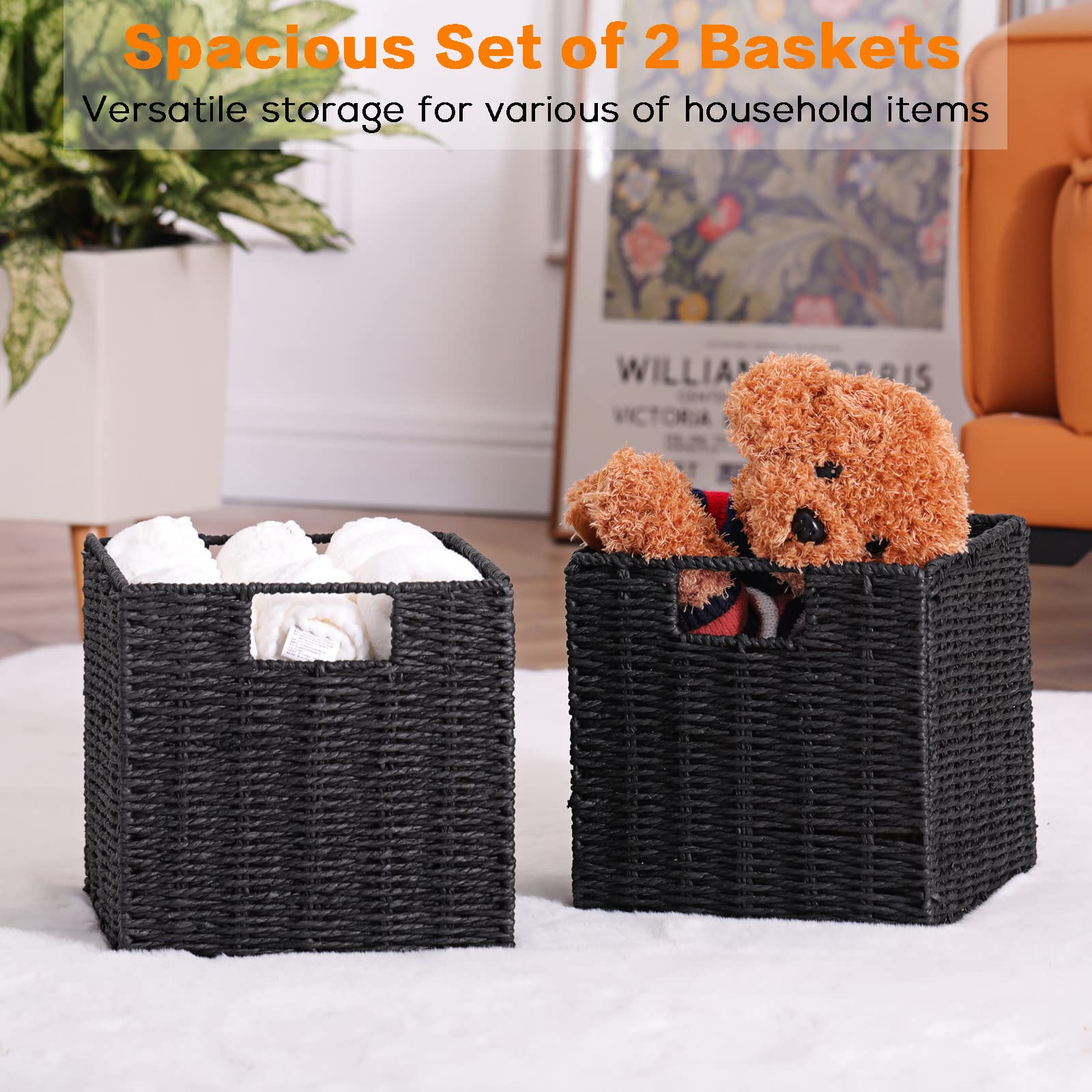 Vagusicc Wicker Basket, Set Of 2 Woven Storage Baskets For Shelves, Foldable Cube Storage Basket Bins With Handles, 9 Inch Small