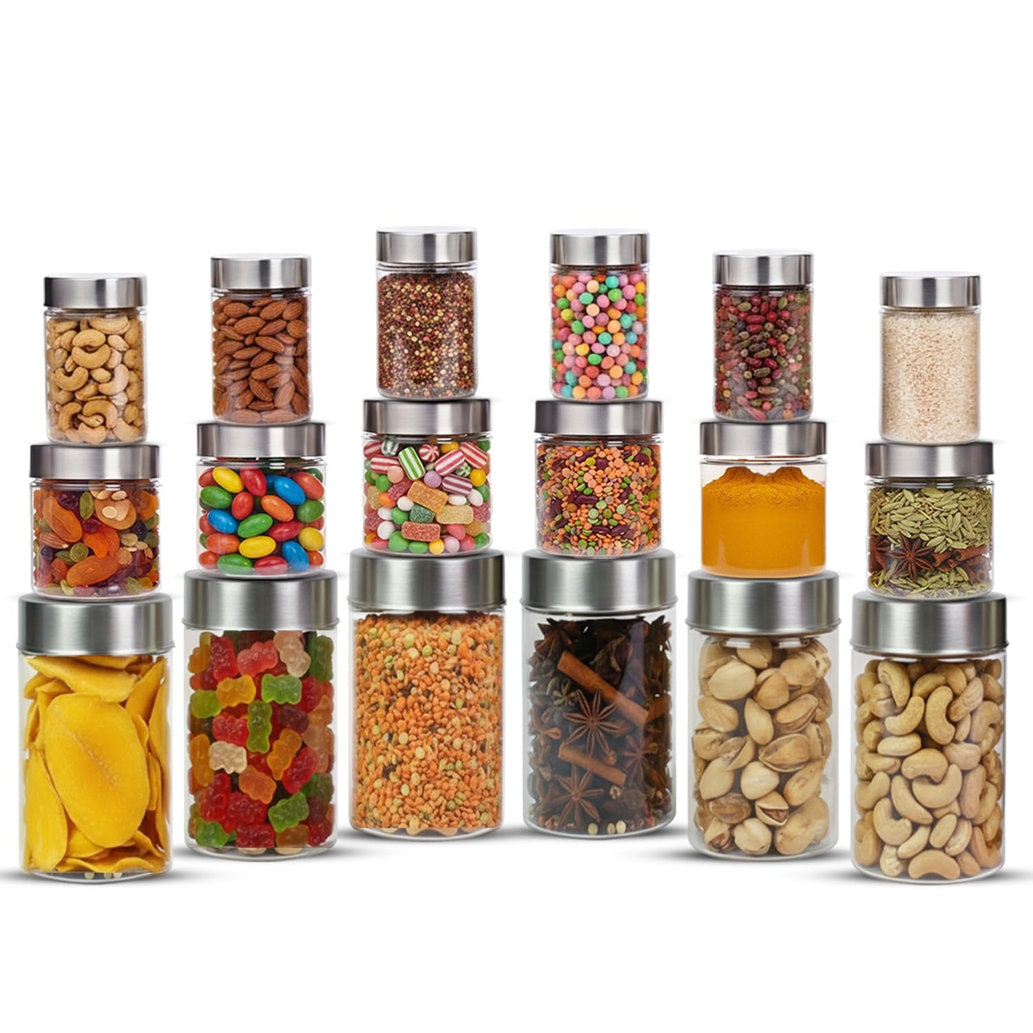 Pearlpet Plus Range Plastic Containers For Kitchen Storage With Steel Cap 300 Ml 500 Ml 1700 Ml Set Pack Of 18 Pcs Transparent S