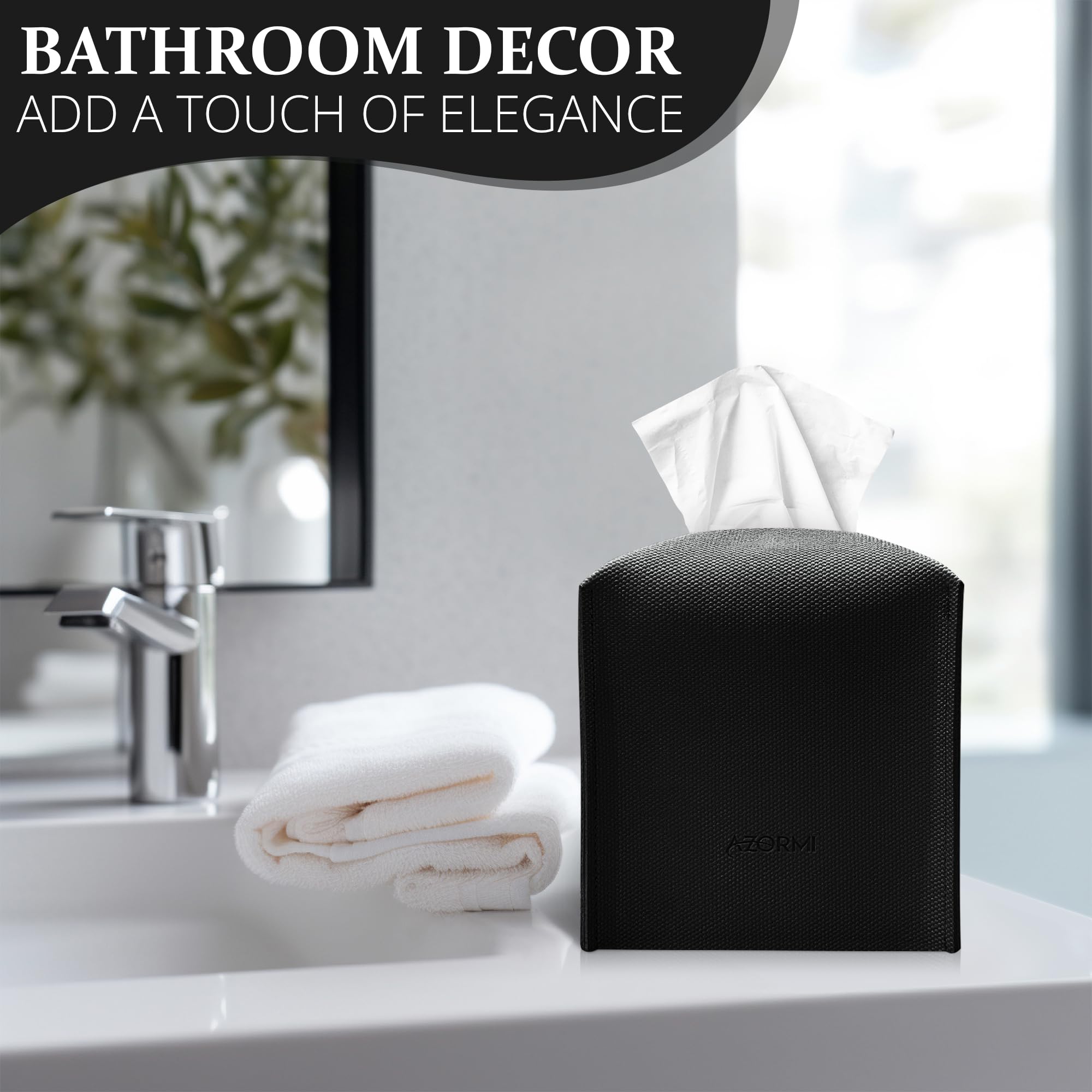 Tissue Box Cover, Pu Leather Tissue Box Holder With Bottom Belt, Modern Square Tissue Box Covers With Wide Opening (Black, Woven