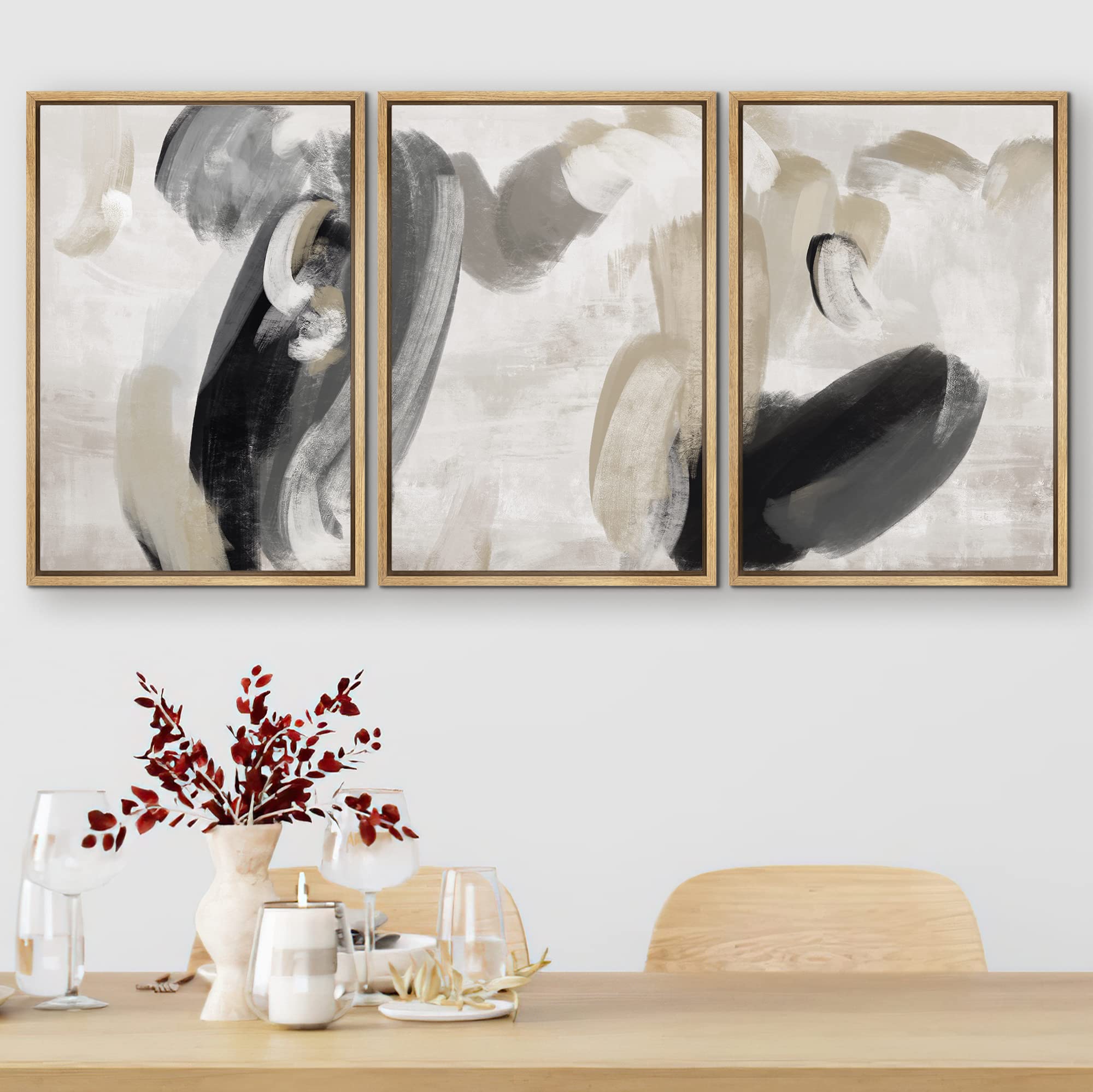 Signford Framed Canvas Print Wall Art Set Black Tan Paint Stroke Collage Abstract Shapes Illustration Modern Art Decorative Nord