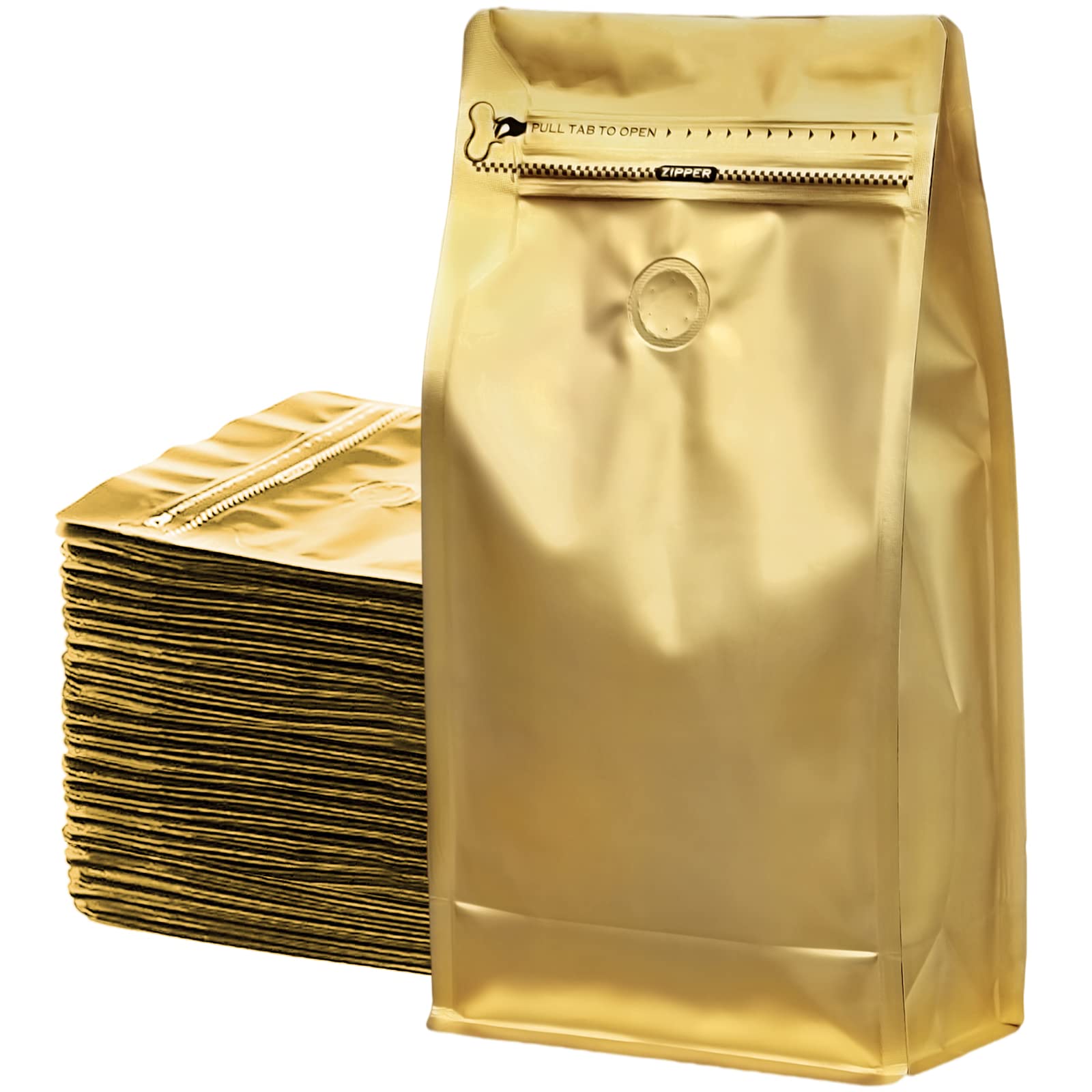 DMPACKDM Coffee Bags with Valve(12 oz,3/4 lb,100pcs) Gold High Barrier Aluminumed Foil Flat Bottom Heat Sealed Coffee Beans Pack