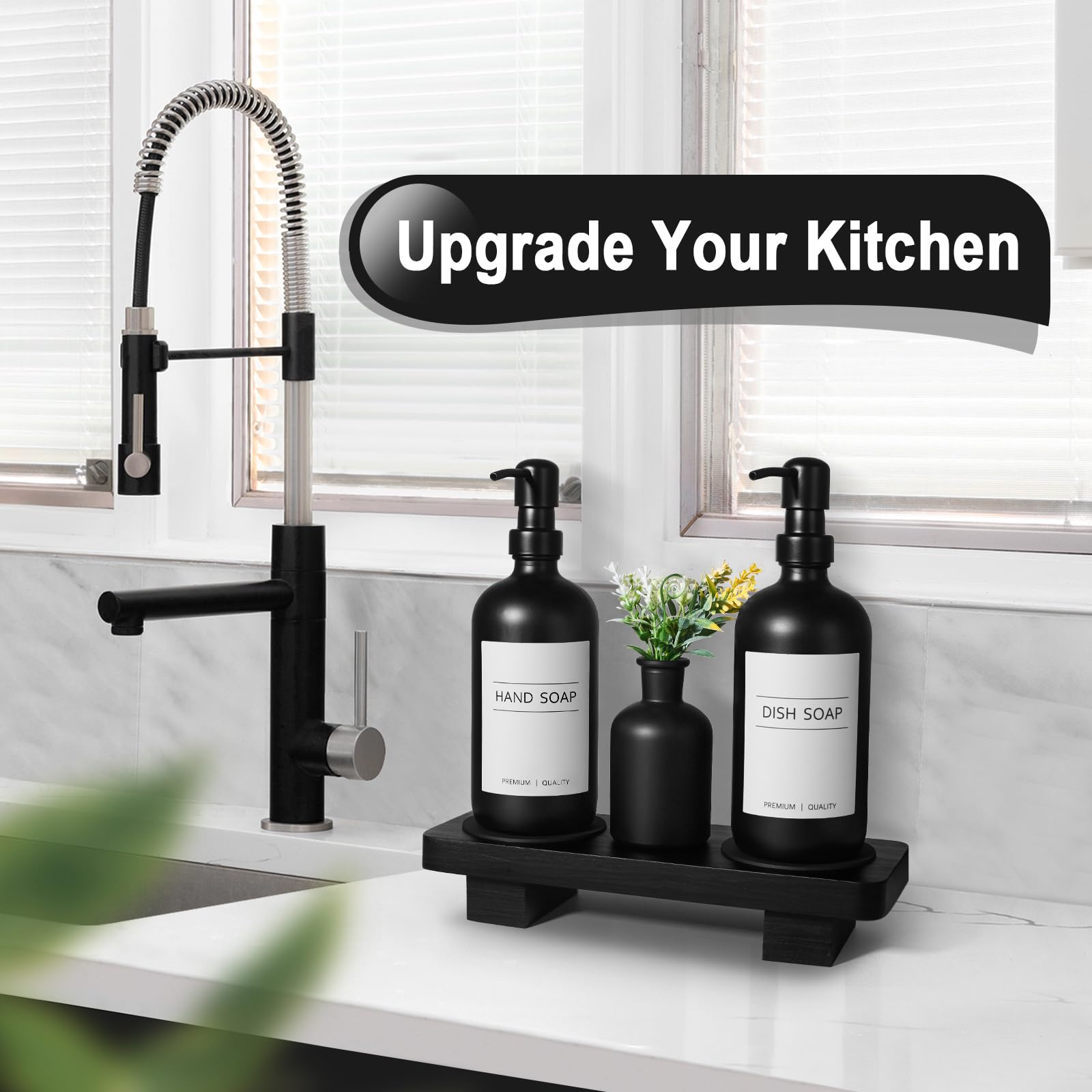 Dish Soap Dispenser For Kitchen, Black Hand Soap Dispenser With Stainless Steel Pump, Kitchen Soap Dispenser Set With Wood Riser