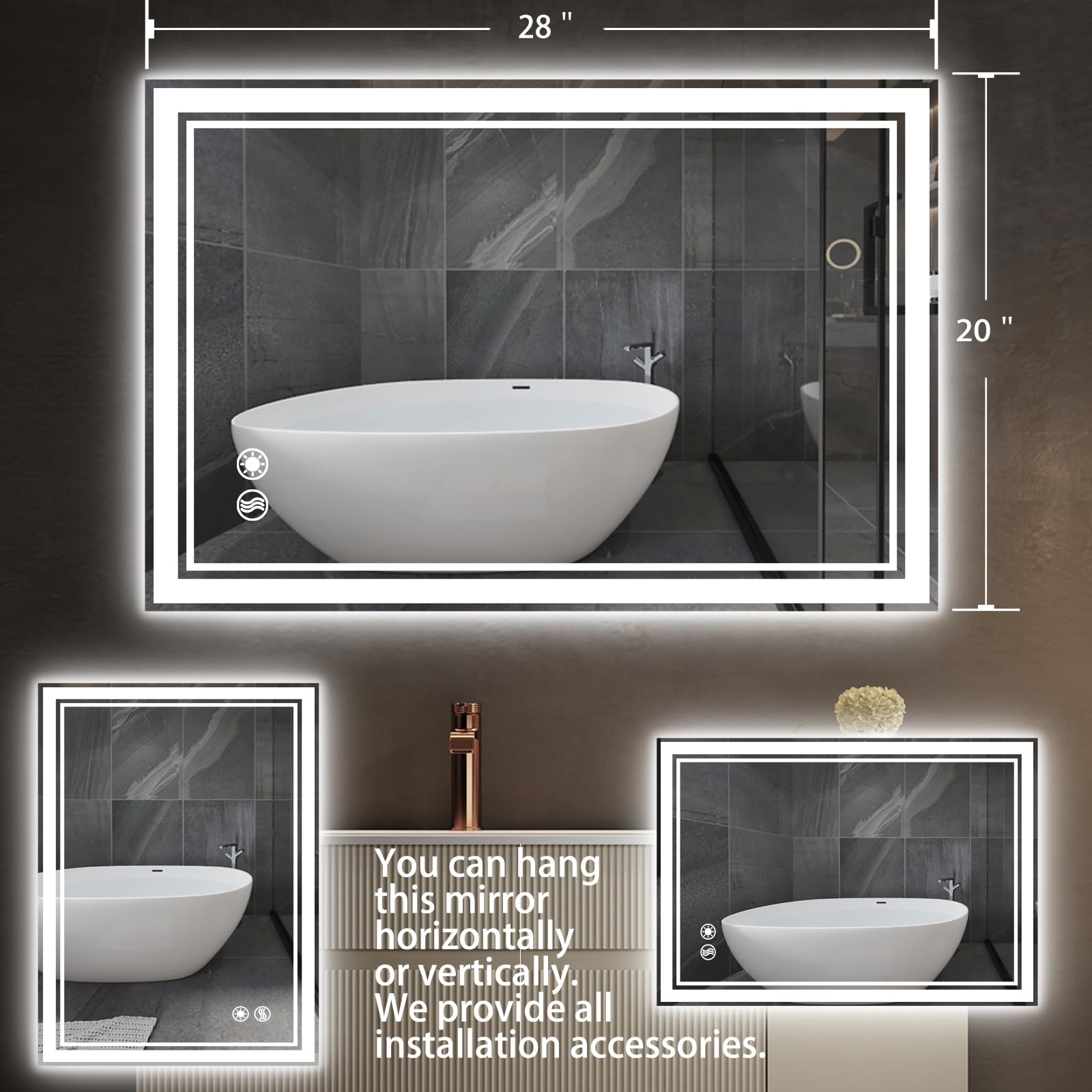 Wuenlux 24 X 32 Led Bathroom Mirror Wiht Lights Anti-Fog Brightness Dimmable 3 Colors Stepless Bathroom Vanity Mirror Wall Mount