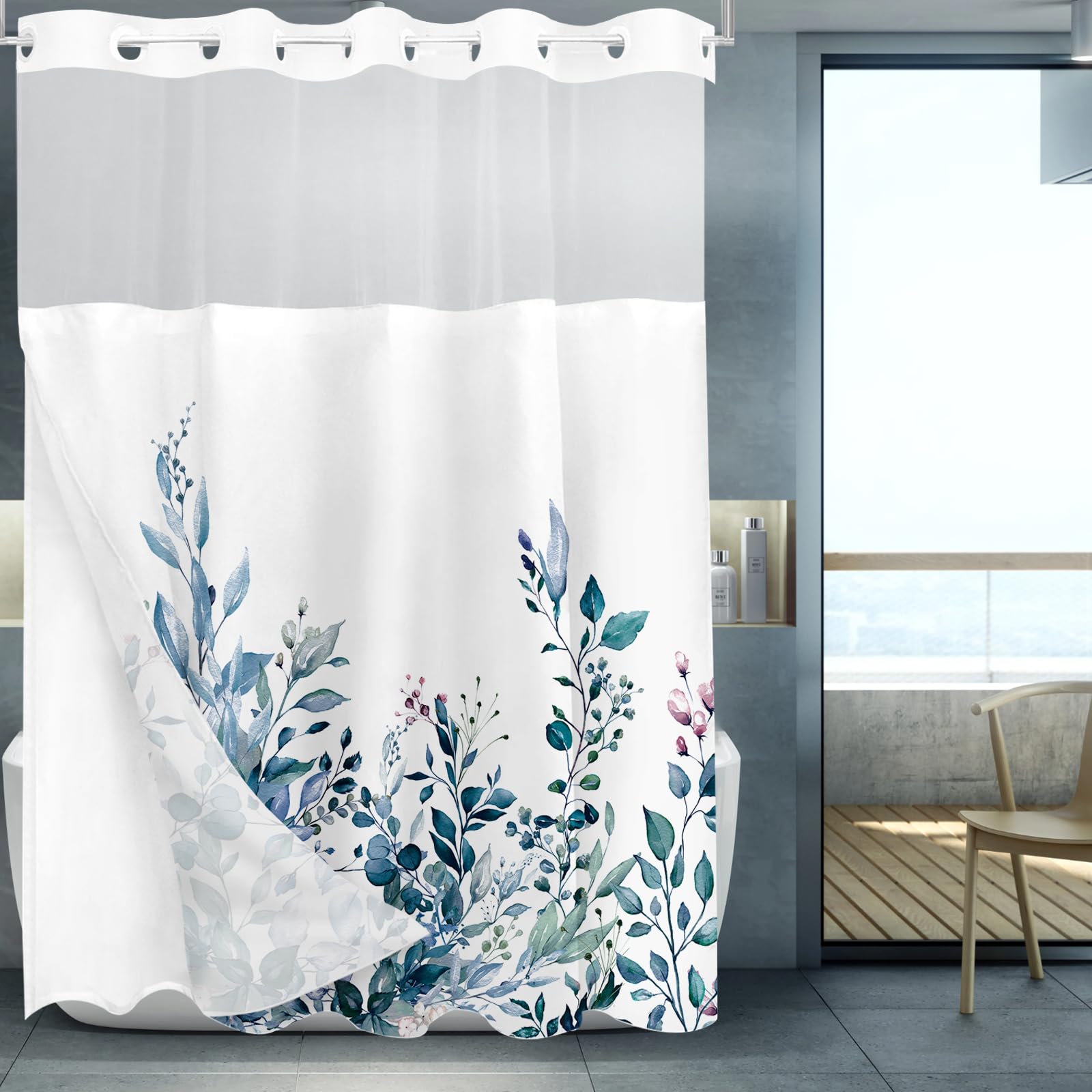 Tititex No Hooks Snap In Liner Blue Eucalyptus Leaves Shower Curtain Sets, Hotel Luxury Double Layers Waterproof Fabric & See-Th