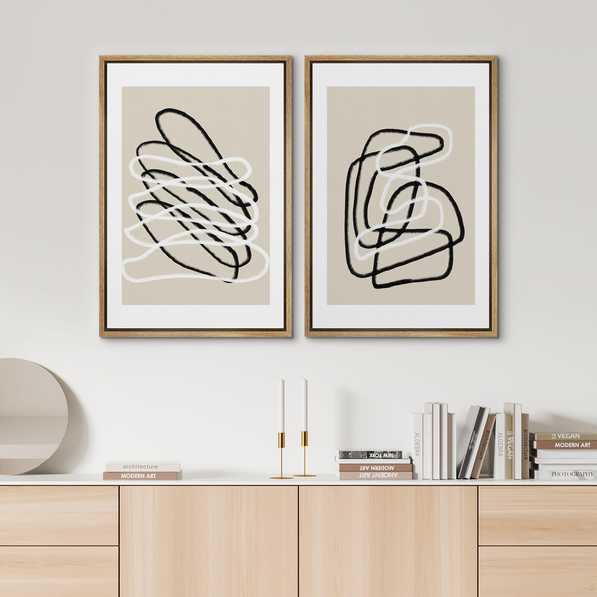 Signwin Framed Wall Art Print Set Black And White Lines Tangled Tan Background Abstract Swirly Cozy Neutral Modern Art Mid-Centu