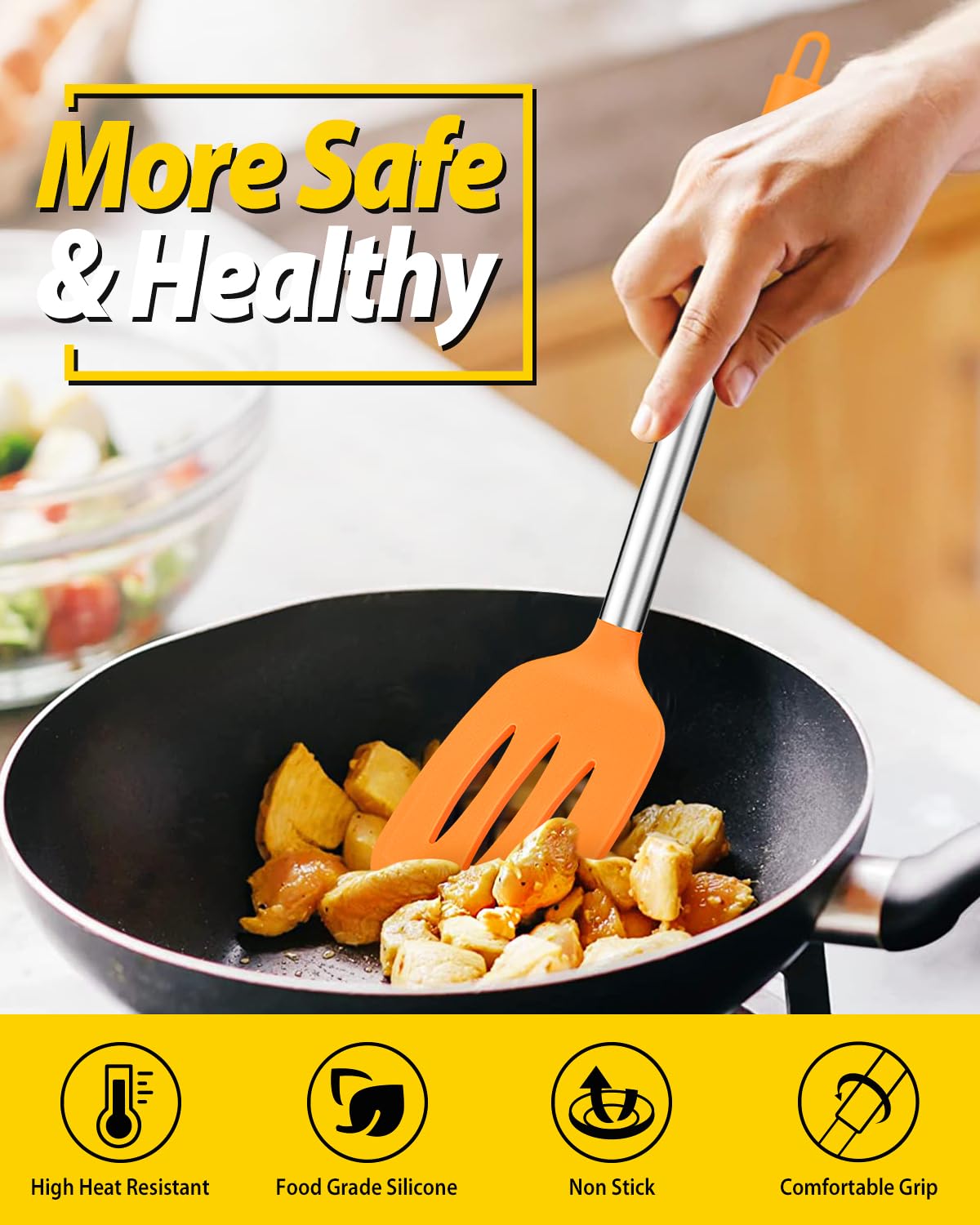 Pack of 2 Silicone Solid Turner, Non Stick Slotted Kitchen Spatulas, High Heat Resistant BPA Free Cooking Utensils, Ideal Cookwa