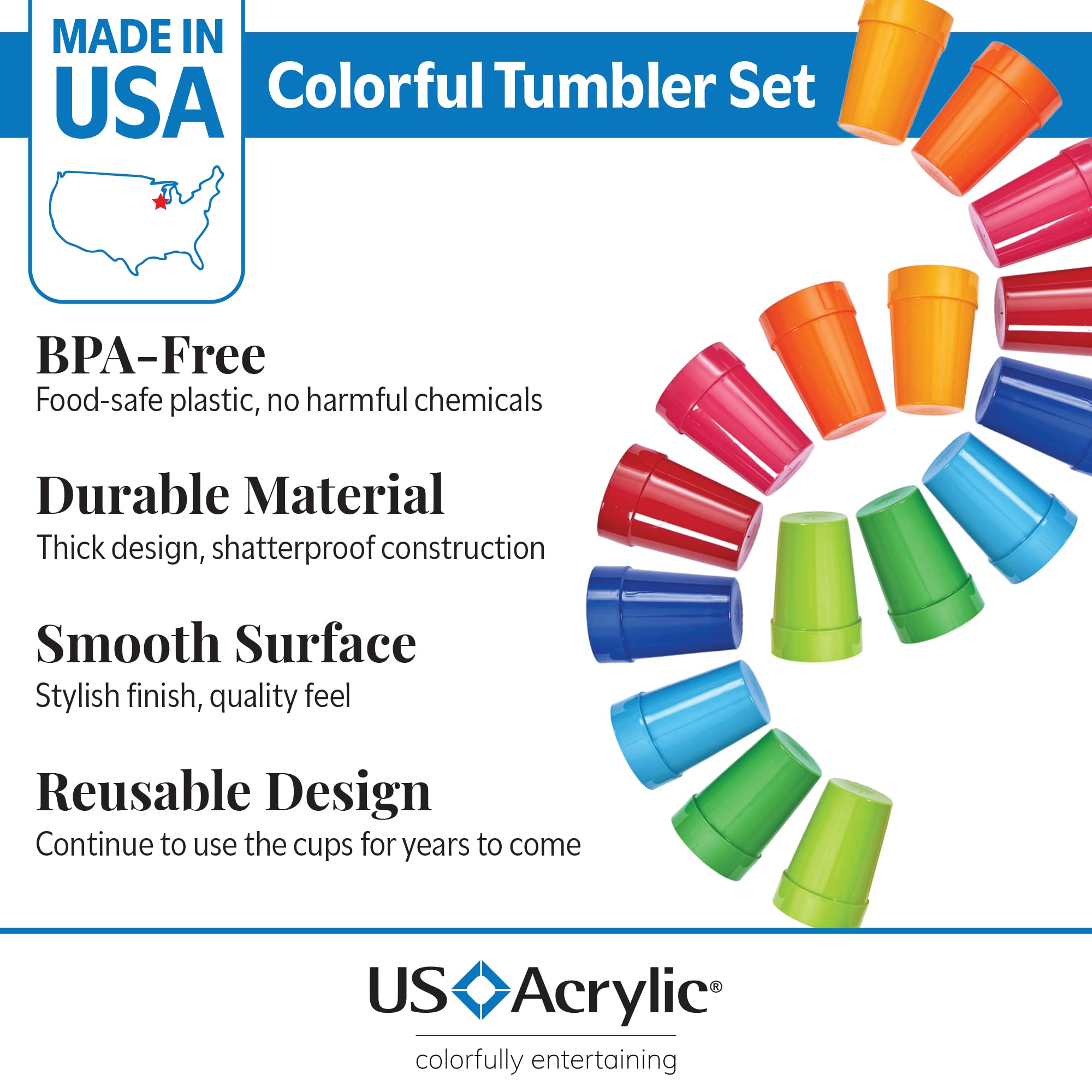 Us Acrylic Spectrum Unbreakable Plastic 10 Ounce Stackable Juice Tumblers In 8 Assorted Colors | Set Of 16 Kids Drinking Cups |