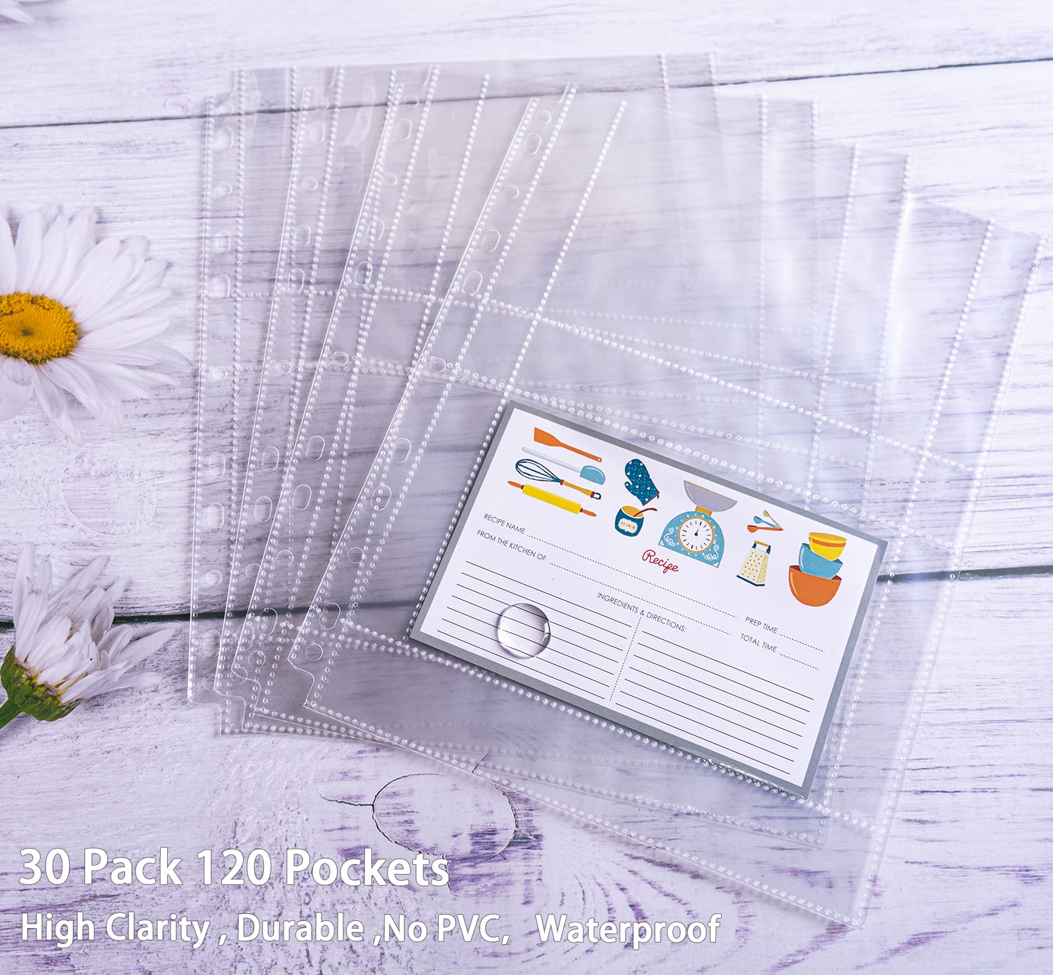 30 Pack 120 Pockets 4X6 Recipe Card Sleeves,3 Ring Binder Recipe Card Protector Pages,Double Sided 2 Pocket Refill Sheets For Re