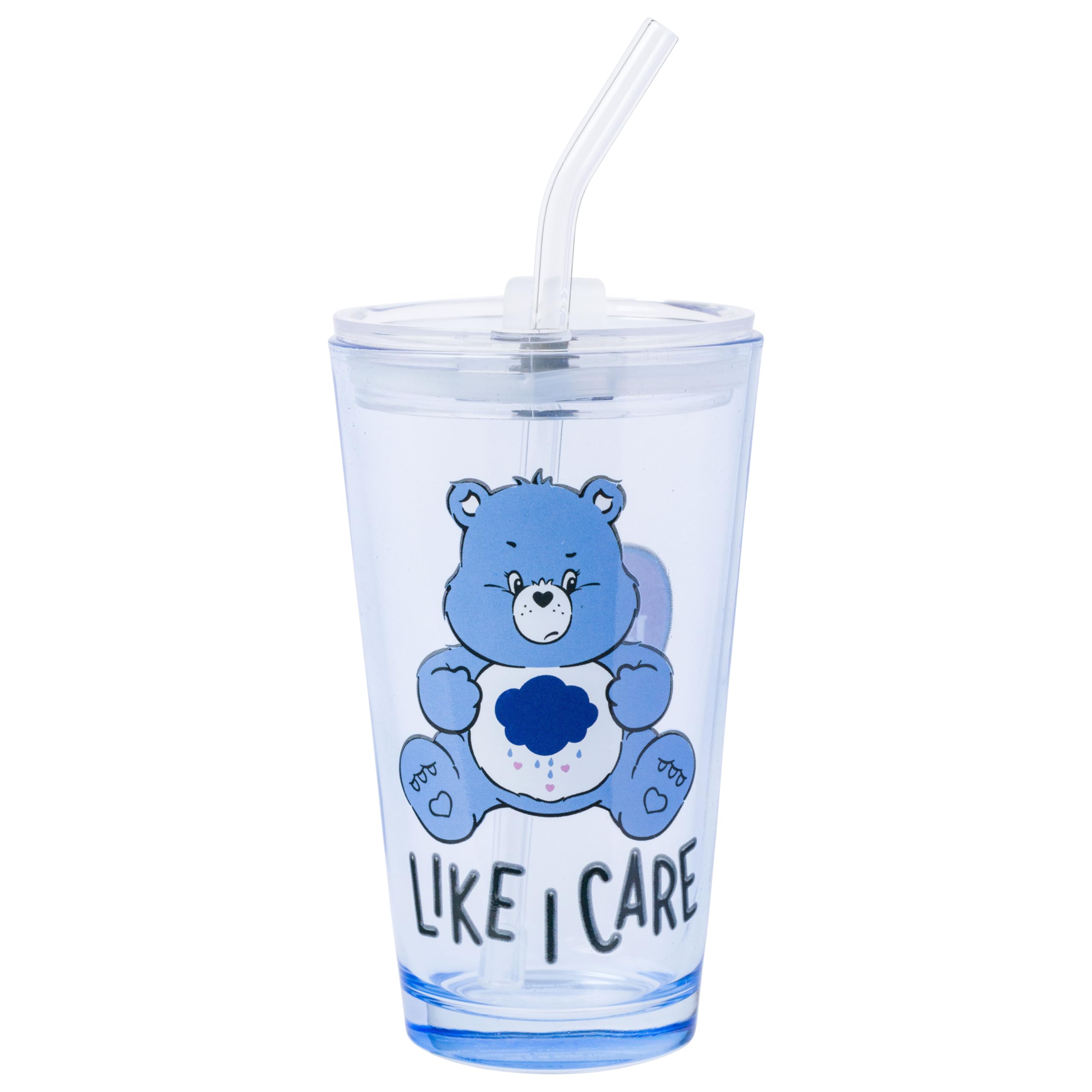 Silver Buffalo Care Bears Grumpy Bear Like I Care Pint Glass with Lid and Glass Straw, 16 Ounces