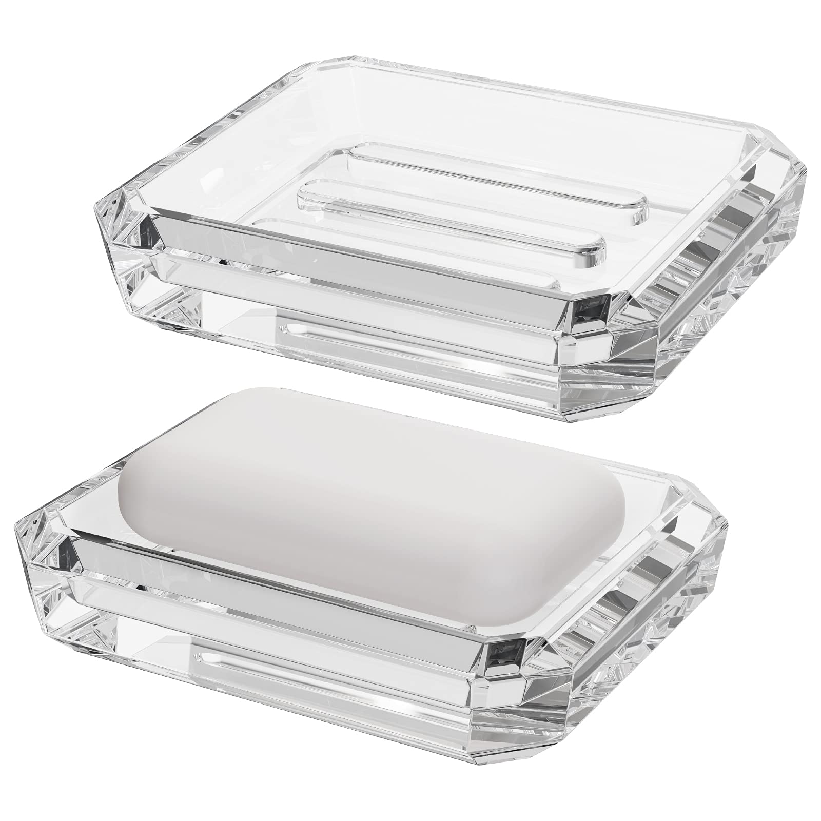 Linkidea 2 Pack Rectangle Glass Soap Dish, Bar Soap Sponge Holder For Bathroom Shower Countertop, Soap Saver Tray Plate (Clear)