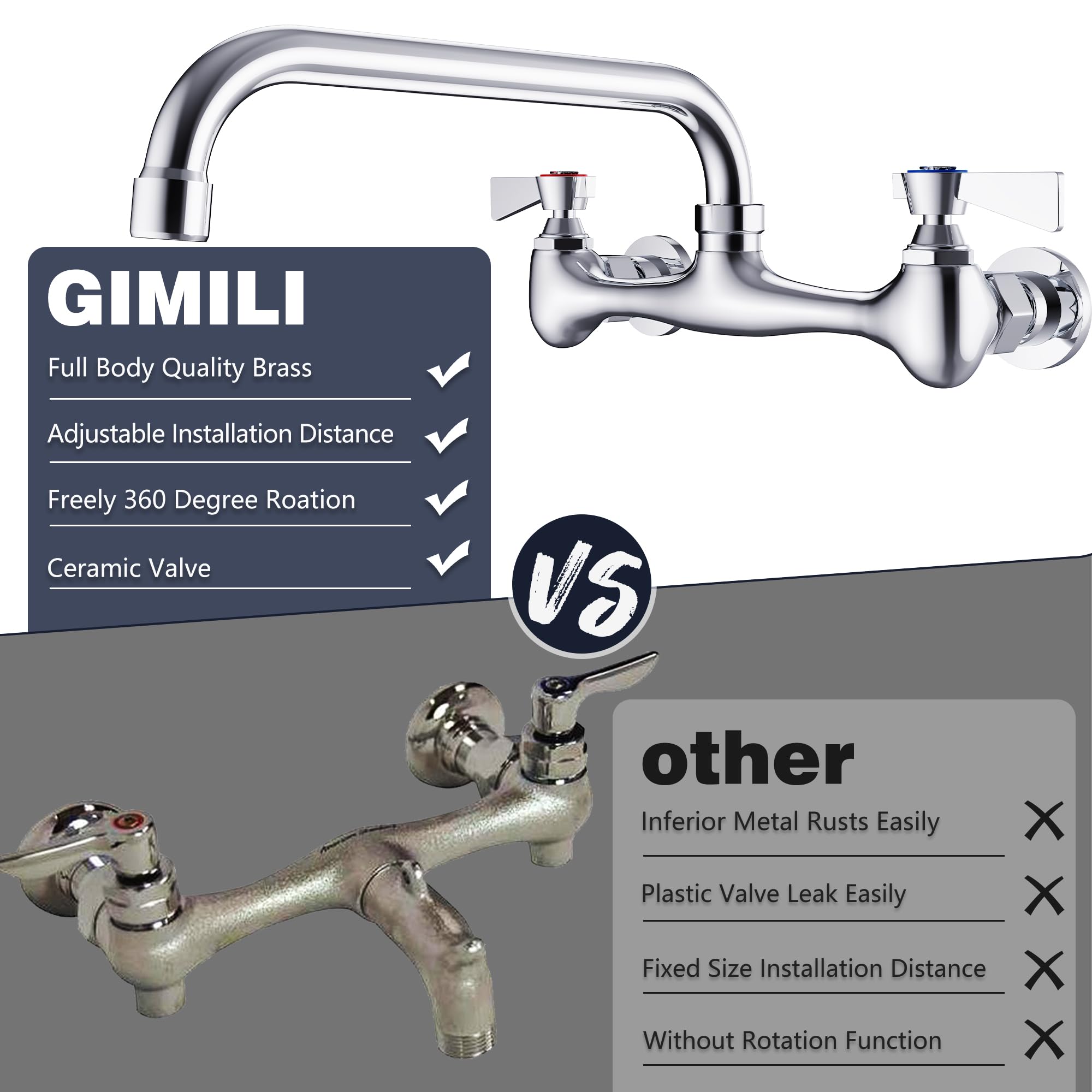 Gimili Wall Mount Commercial Sink Faucet With 10    Swivel Spout Polish Chrome Brass Utility Sink Faucet For Kitchen Laundry Res