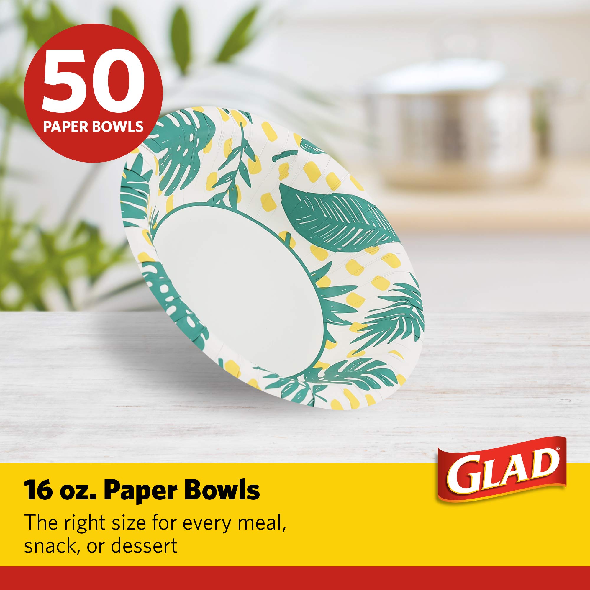 Glad Disposable Heavy Duty Cut Resistant Microwave Safe Paper Bowls With Palm Leaves Design For Hot Soup And Ice Cream For Every