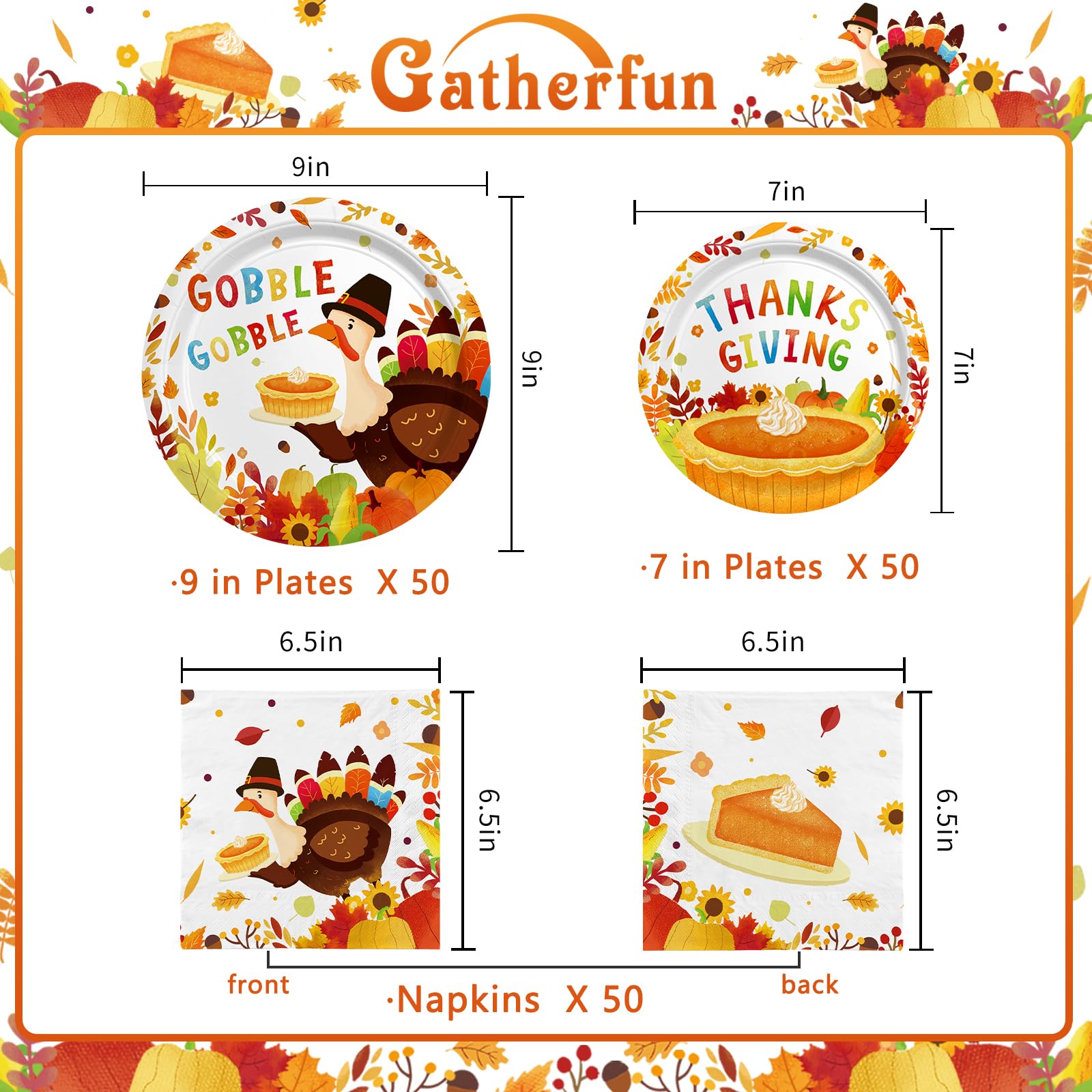Thanksgiving Turkey Party Supplies Kit - Autumn-Themed Disposable Dinnerware Set With Plates And Napkins For 50 - For Thanksgivi