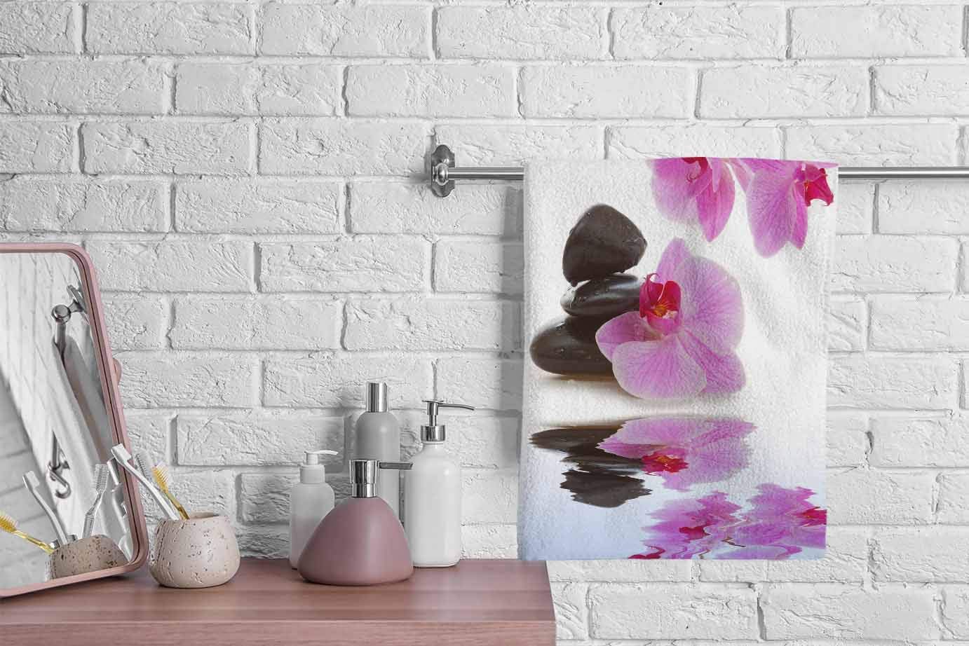 Ofloral Pink Flower Hand Towels Cotton Washcloths,Orchid And Leaves Stone In Water Reflection Super-Absorbent Soft Towels For Ba