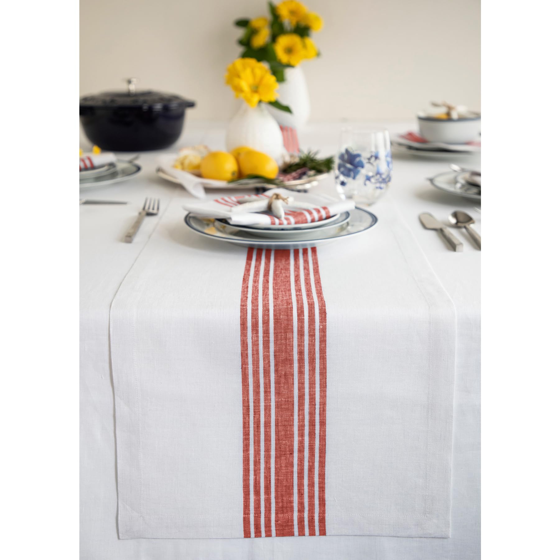 Solino Home Farmhouse Linen Red And White Table Runner 36 Inch - 100% Pure Linen Stripe Short Table Runner 14 X 36 Inch Ideal Fo