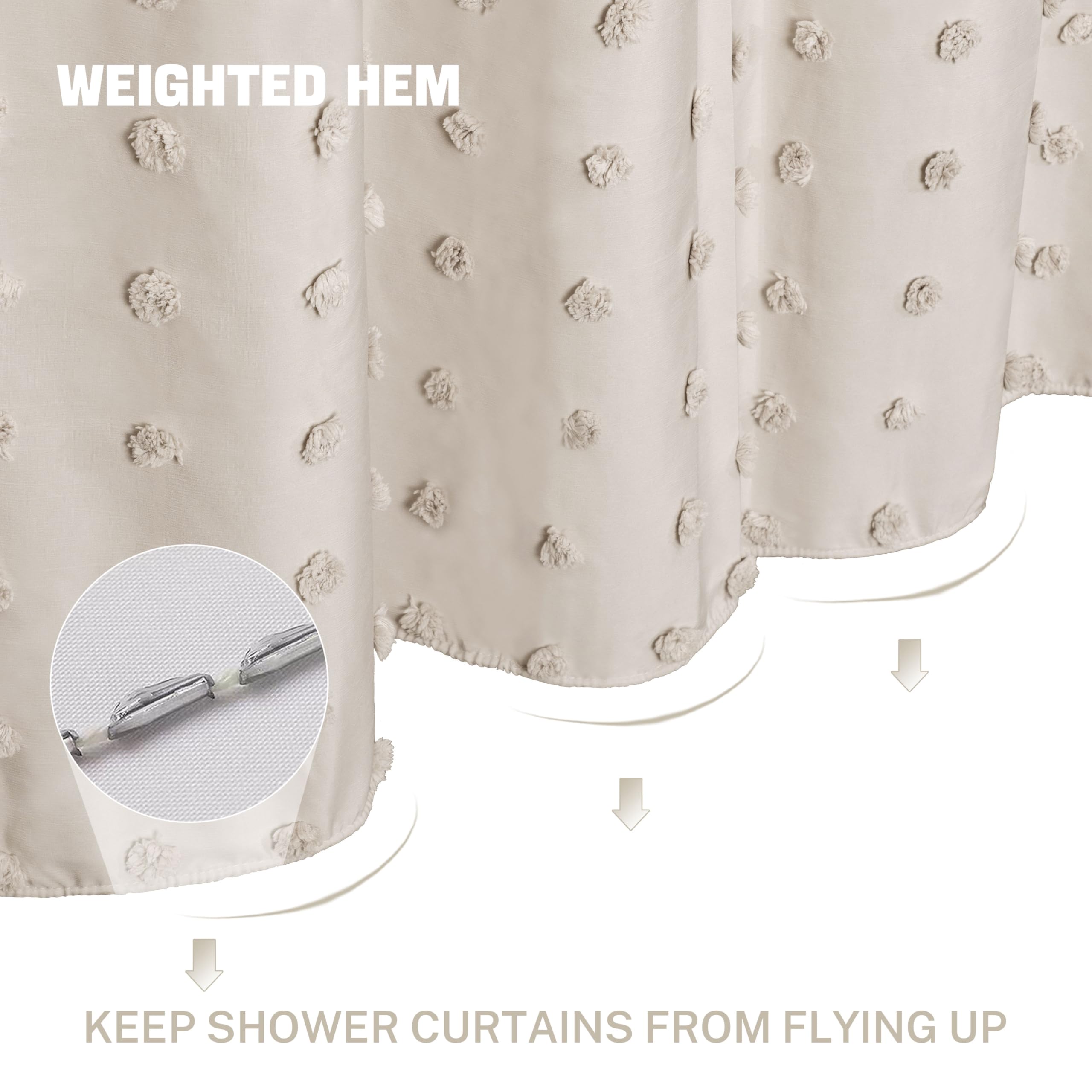 Extra Long Boho Farmhouse Shower Curtain Woven Fabric Natural Shower Curtain, 72 X 78 Tufted Pleat Floral Puffs Textured Modern