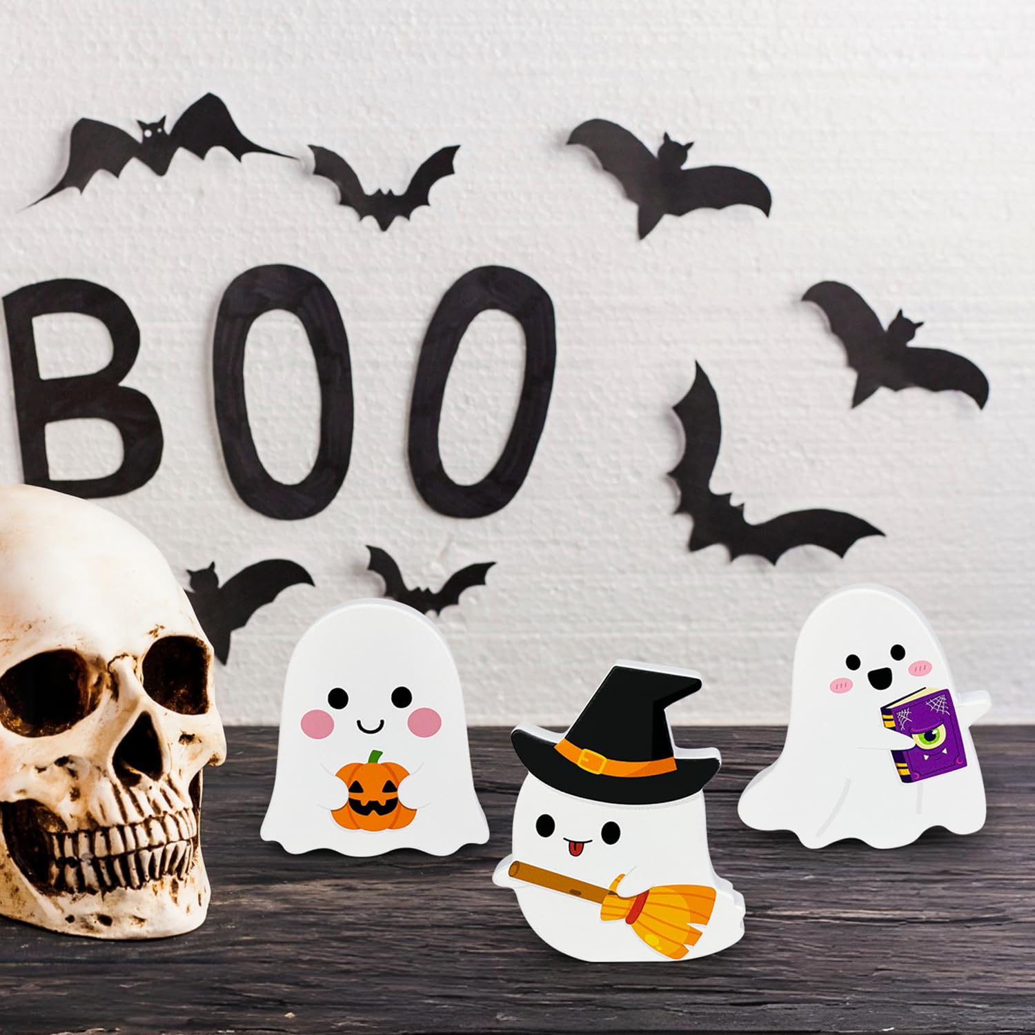 Halloween Table Decorations 3 Pcs, Cute Wooden Ghosts Party Decor for Indoor Home, Funny Signs for Tiered Tray Office, White Cen