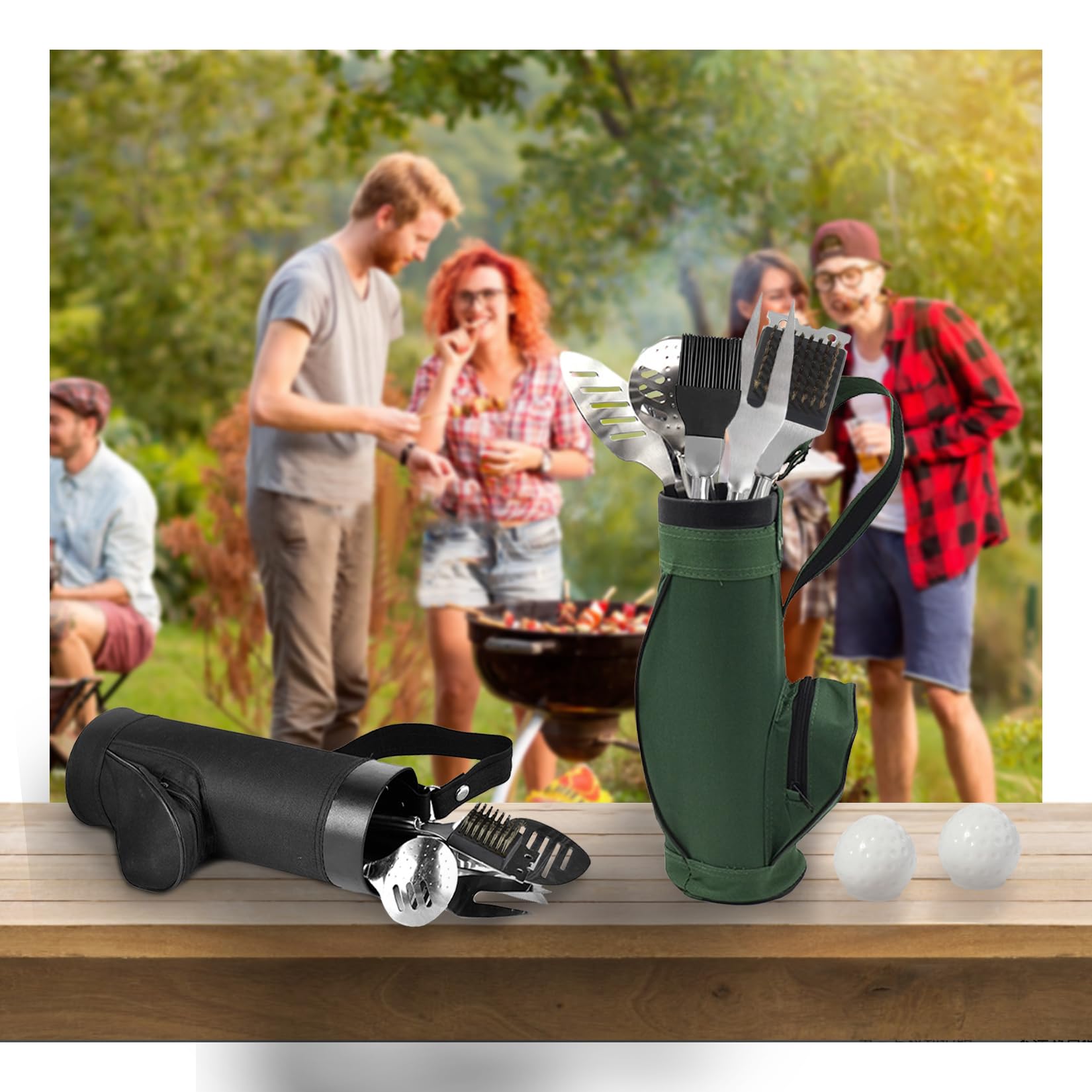 Jishi Golf Grilling Set - 8pcs BBQ Grill Accessories, Stainless Steel, Green, Perfect Outdoor Gifts for Golfers, Dads, and Grandpas