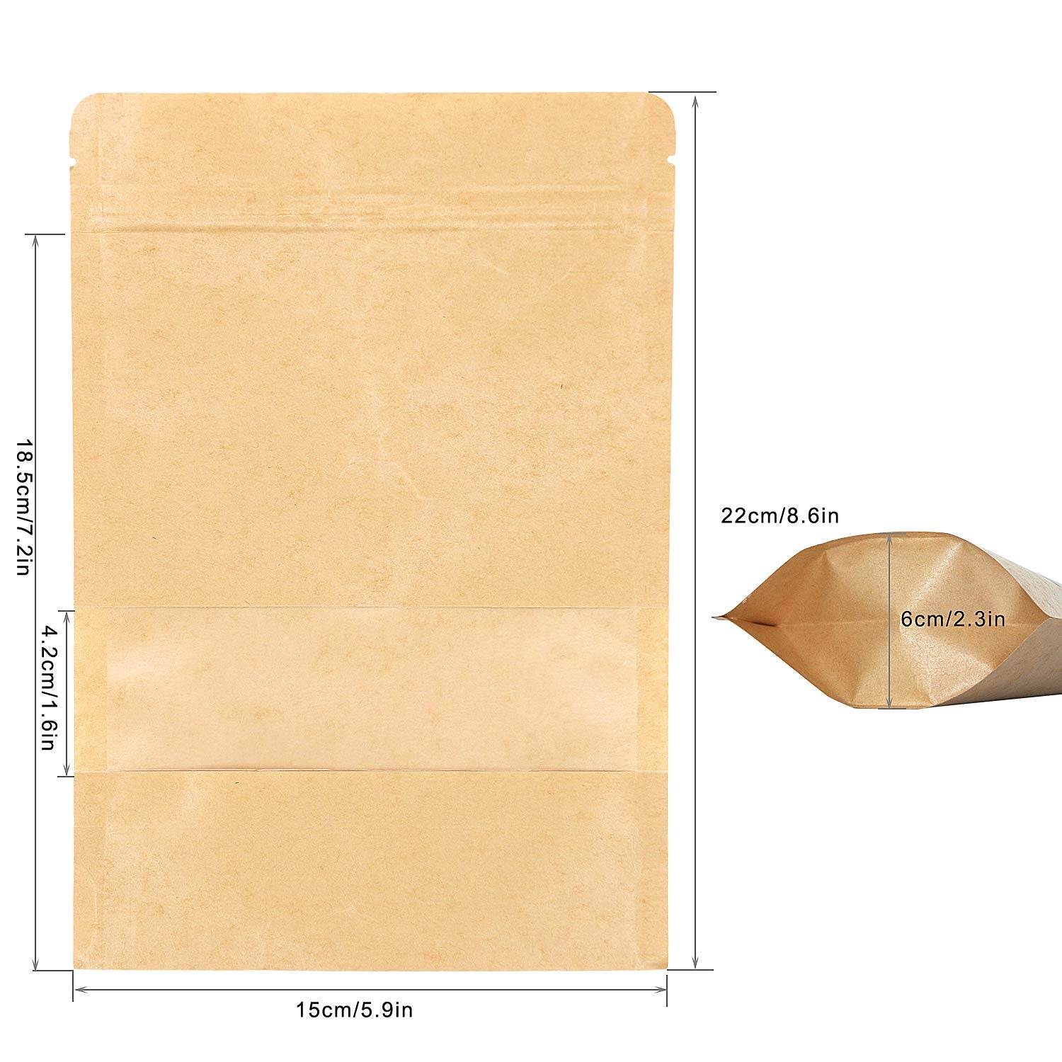 Sumdirect Kraft Zip Lock Stand Up Bags Pouches With Notch And Matte Window 5.9X8.6 Inches,5.7Oz,Pack Of 50