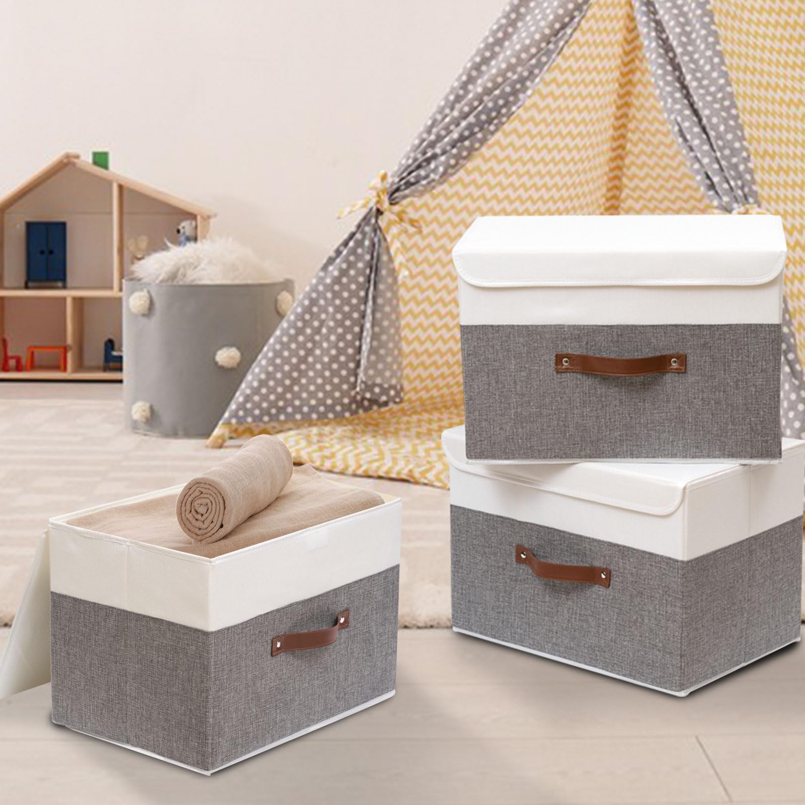 Outbros Storage Box With Lid Large, Linen Fabric Wardrobe Containers, Collapsible Organiser For Towels, Clothes, 17.7 X 11.8 X 1