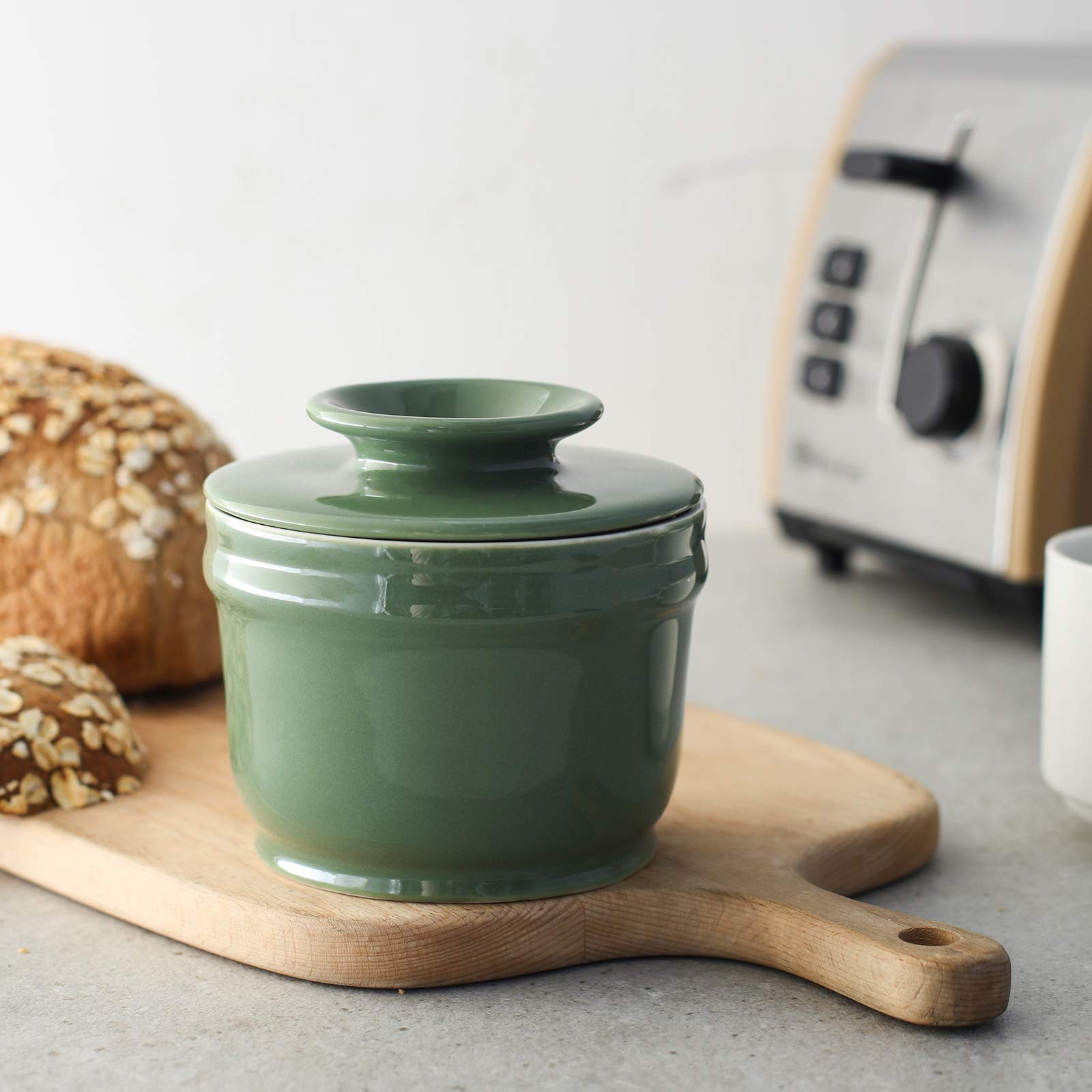 DOWAN Porcelain Butter Crock  Butter Keeper with Water Line  French Butter Dish for Soft Fresh Butter  Butter Container with Lid  No More Hard Butter  Green