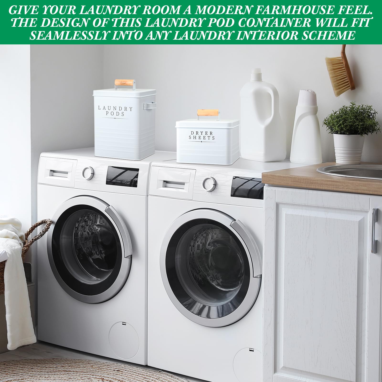 Yaocom 2 Pcs Laundry Pod Container With Dryer Sheet Holder For Laundry Room Farmhouse Detergent Storage Box With Lid Handle Meta