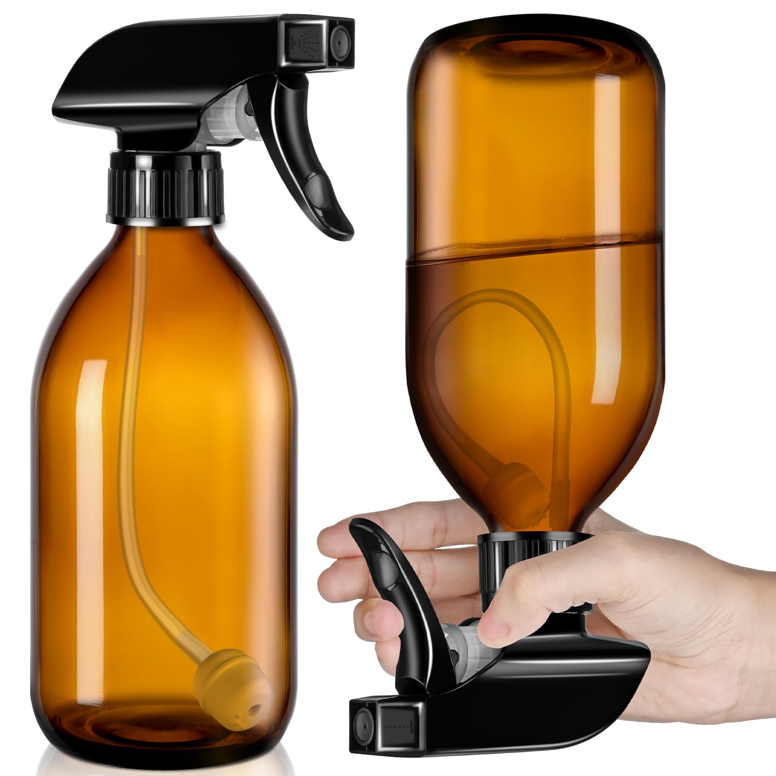 Tecohouse 2 Pack Amber 360 Glass Spray Bottles, 16 oz Empty Refillable Containers with Adjustable Spray Nozzles, Spray Bottles f