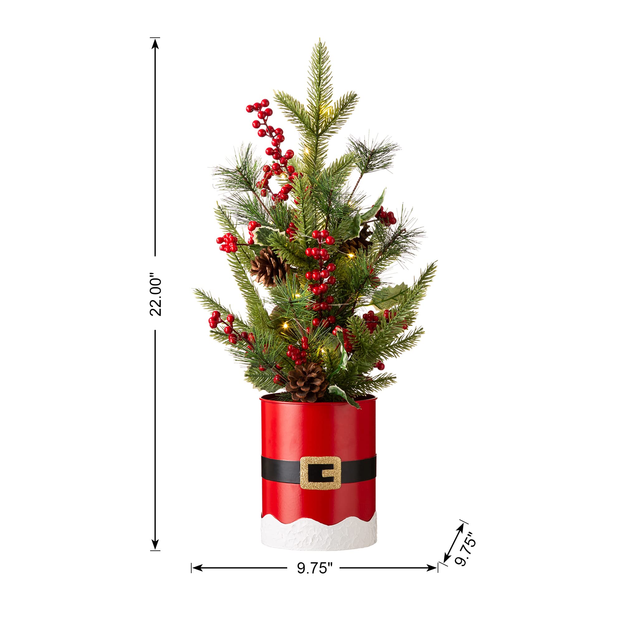 Glitzhome Lighted Christmas Tree for Tabletop Decorations 21 H Mini Artificial Christmas Santa Belt Potted Table Trees with Meta