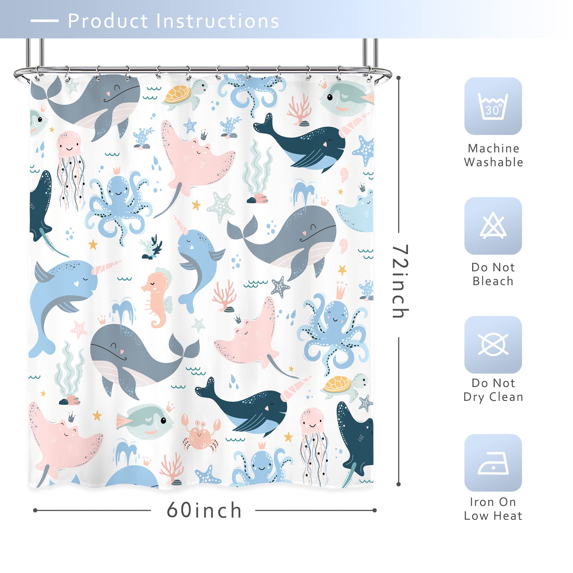 Riyidecor Ocean Whale Kids Shower Curtain 60Wx72H Inch Underwater Cartoon Animal Octopus Jellyfish Sea Life Cute Pink Blue Seawe