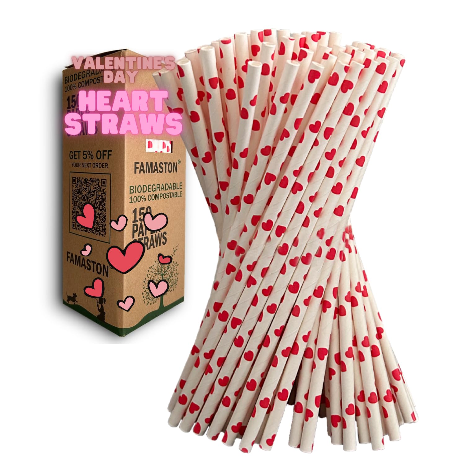 Biodegradable Red Hearts Paper Straws - Love Valentines Day Cake Pop Sticks For Weddings, Birthdays, Anniversaries, Holiday Cele