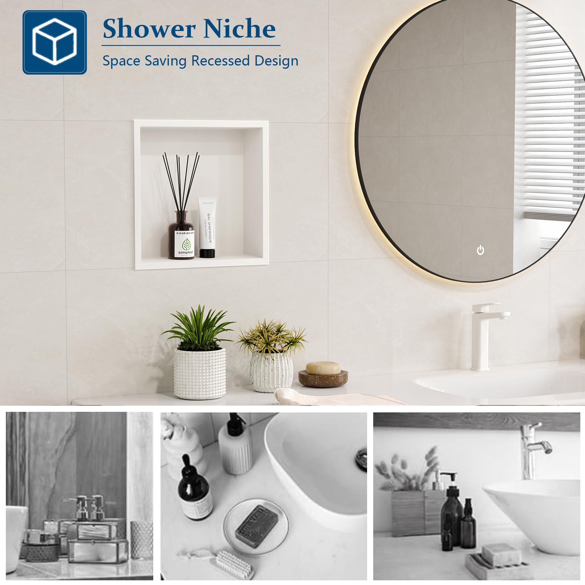 Neodrain White Shower Niche, Insert Storage Shower Shelf (Outside Size 13.1   X13.1)(Inner Size 12'' X 12''), Stainless Steel Wa