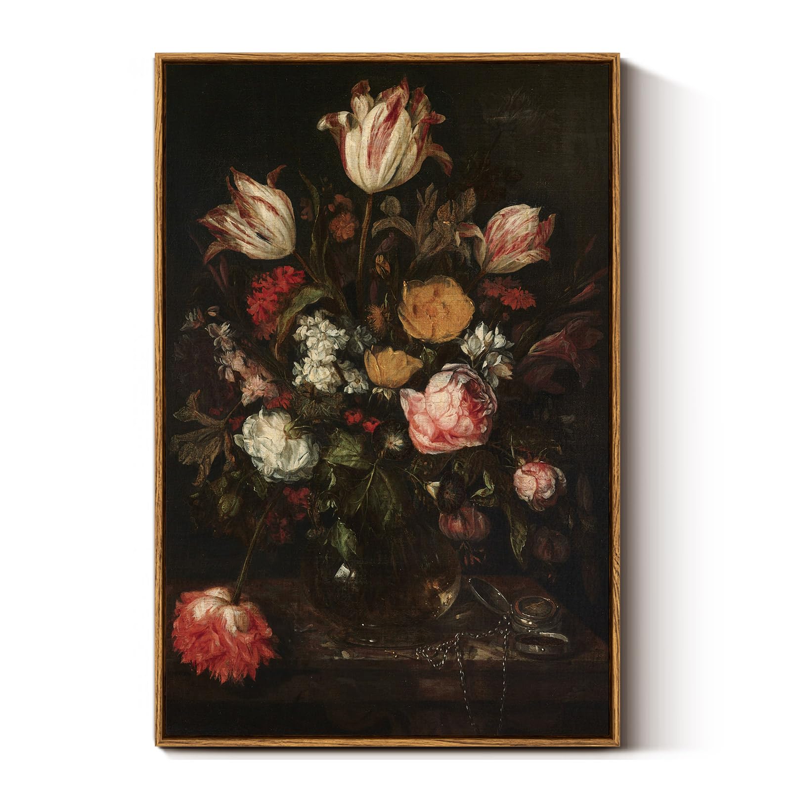 Arpeotcy Vintage Framed Floral Wall Art Decor, Bathroom Dark Flower Bouquet Retro Wall Decor, Large Canvas Prints Pictures, Bedr