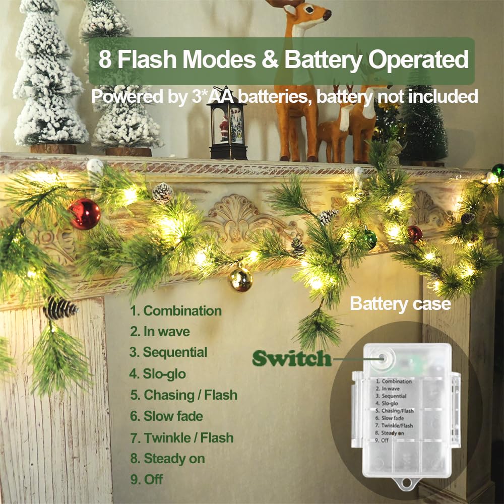 Christmas Garland Lights with Christmas Balls 6.56FT 30 LED Fairy Lights Battery Operated Smokey Pine Garlands with Pine Cones G