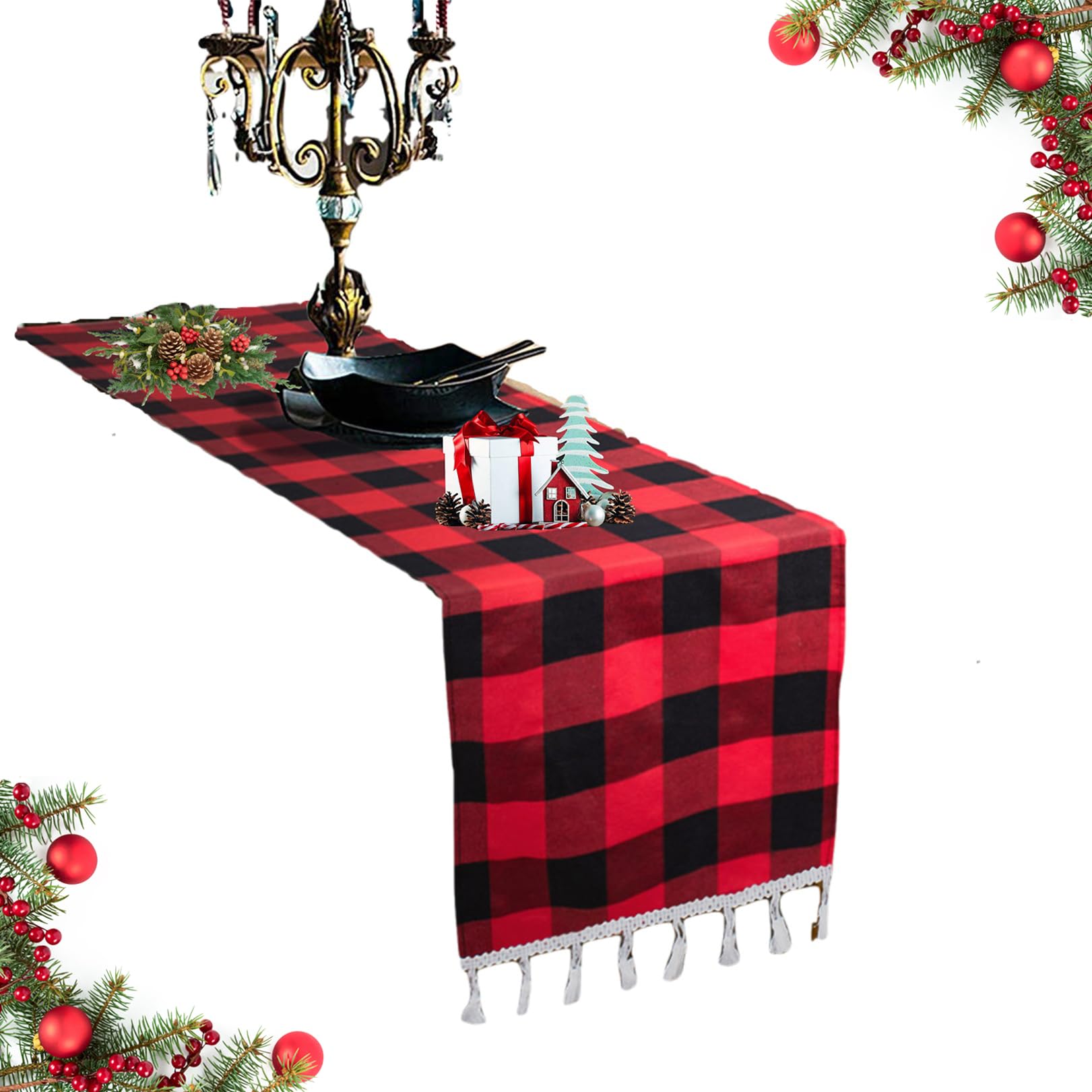 Duobao Buffalo Check Table Runner 108 Inches Tassel Plaid Tablecloth Runners Black Checkered Fabric 14X108-Inch Red Gingham Farm