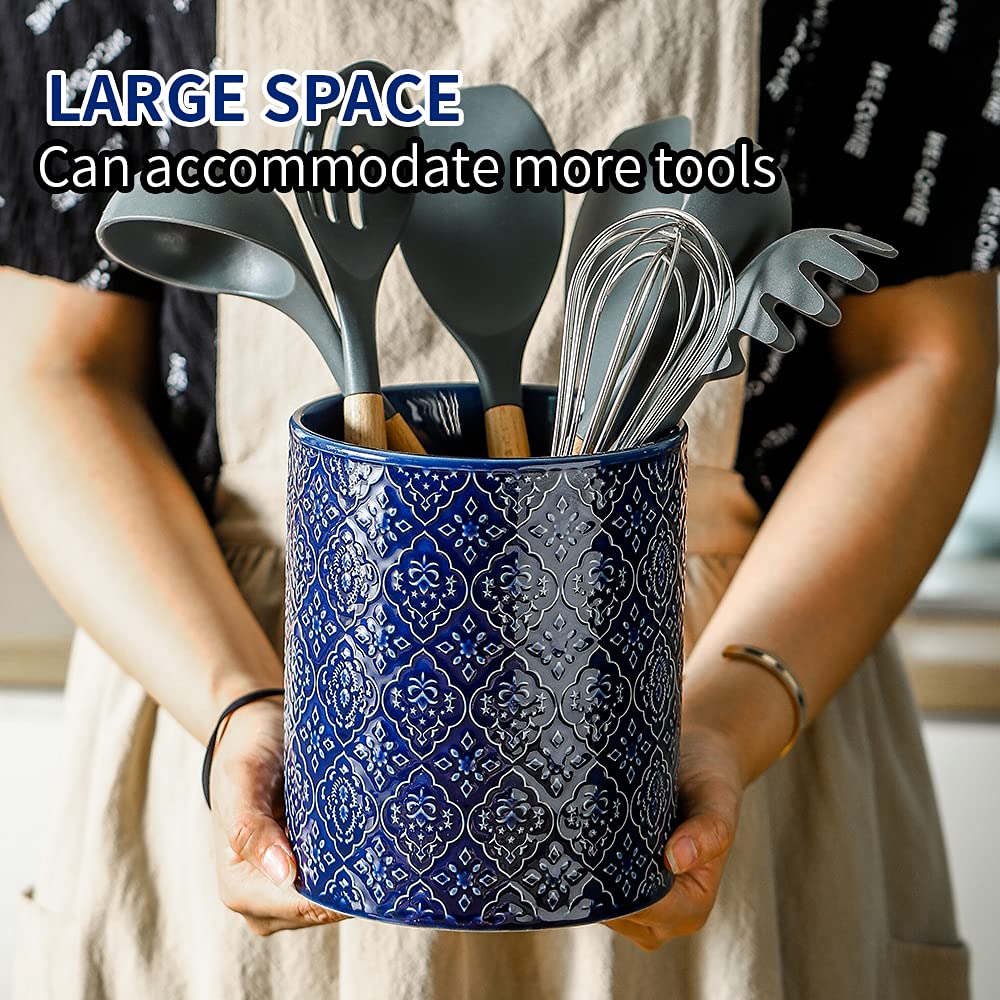 Koov Kitchen Utensil Holder, Large Utensil Holders For Countertop, 6 X 7 Inches Ceramic Utensil Crock, Deep And Stable, Cooking