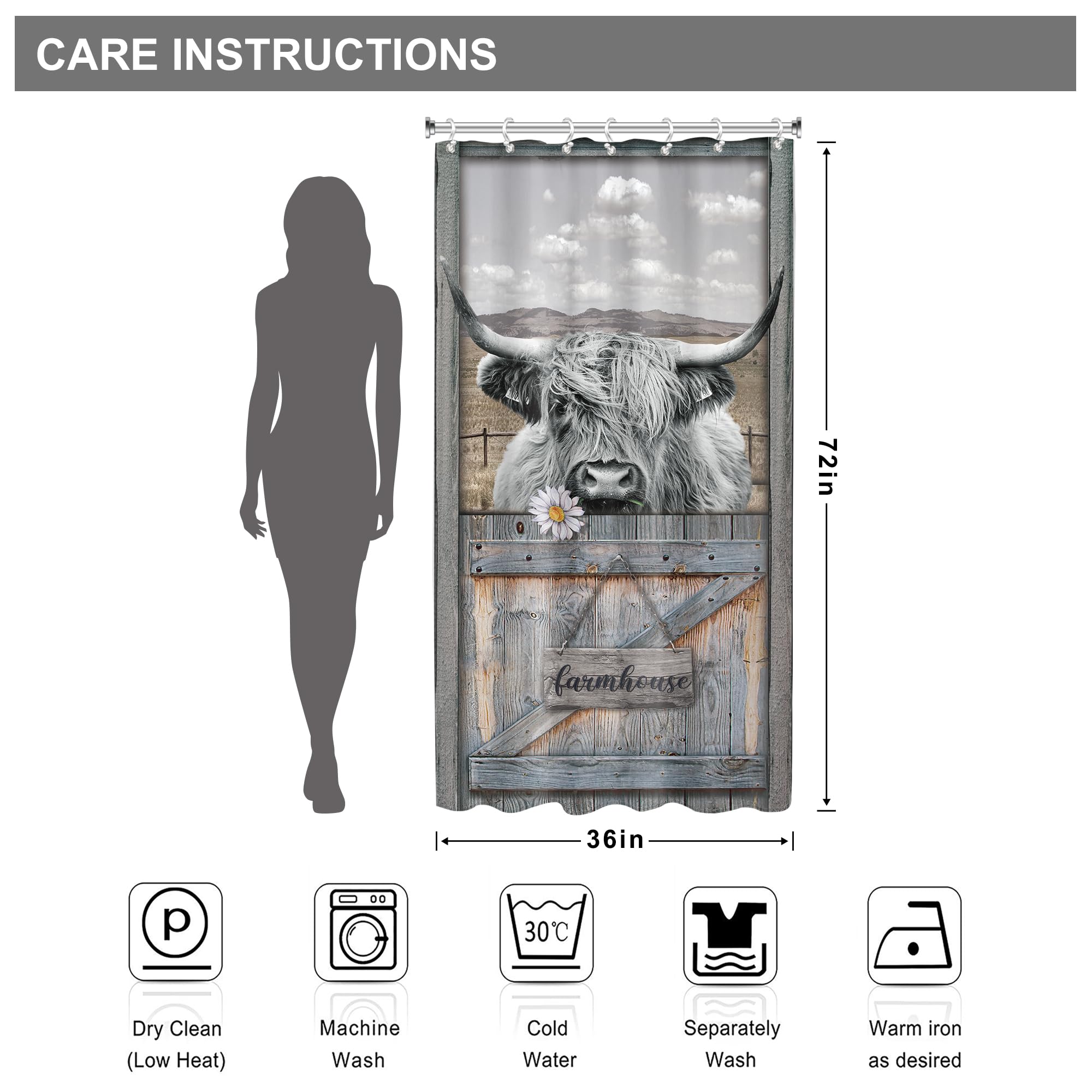 Ambzek Small Stall Funny Highland Cow Shower Curtain 36Wx72L Inch Rustic Farmhouse Bull Wooden Barn Door Western Animal Artwork