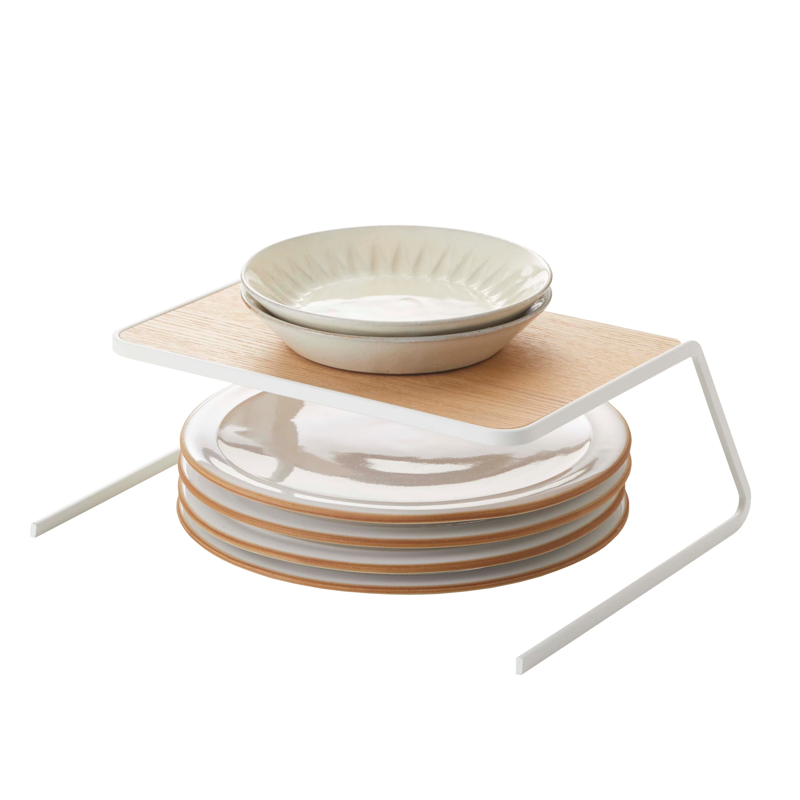 Yamazaki Home Dish Kitchen Cabinet Shelf And Organizer  Steel + Wood  Small  Riser, White