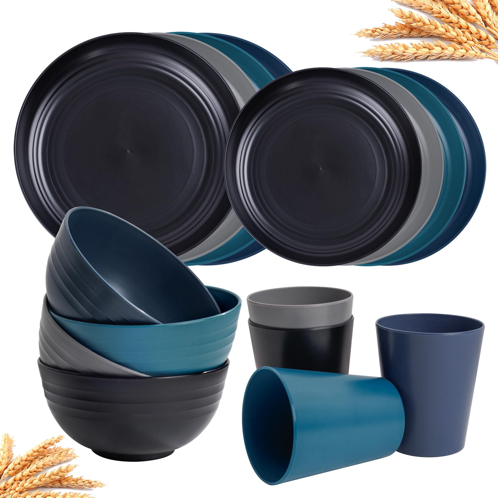 Rubtlamp 16Pcs Plastic Wheat Straw Dinnerware Set, Reusable Plastic Dishes Set for 4, Kitchen Plates And Bowls Set (Deep Four Co