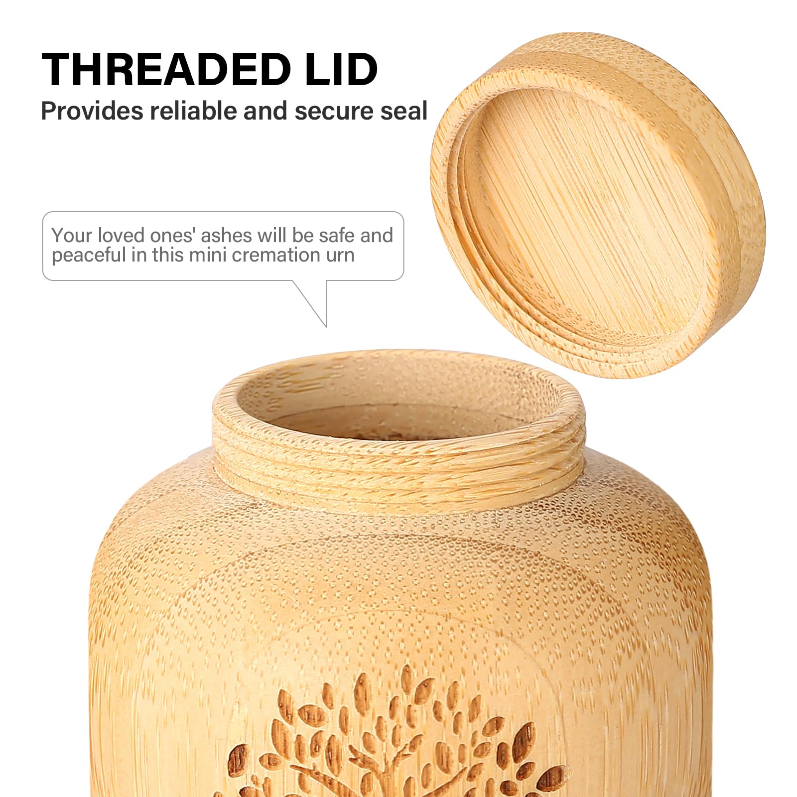 Mini Urns for Human Ashes Made of Bamboo - Set of 2 Small Keepsake Urns With Tree of Life Pattern Engraved, Biodegradable for Pe