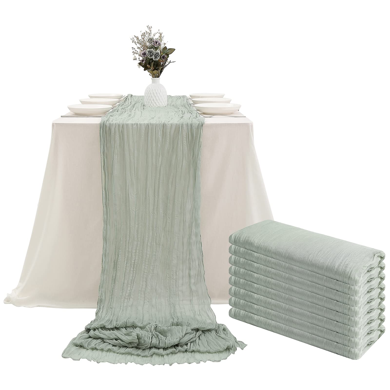 Dolopl 8Pcs Sage Green Cheesecloth Table Runner Bulk 13.3Ft Boho Gauze Cheese Cloth Table Runner Rustic Sheer Runner 160Inch Lon